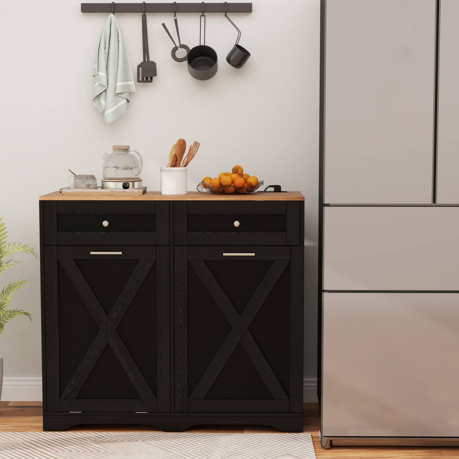 Alt View 3. Gymax - Gymax Tilt Out Trash Can Cabinet w/ Outlets 2 Drawers Adjustable Shelf Anti-Tipping Kit Black & Walnut - Black, Walnut.