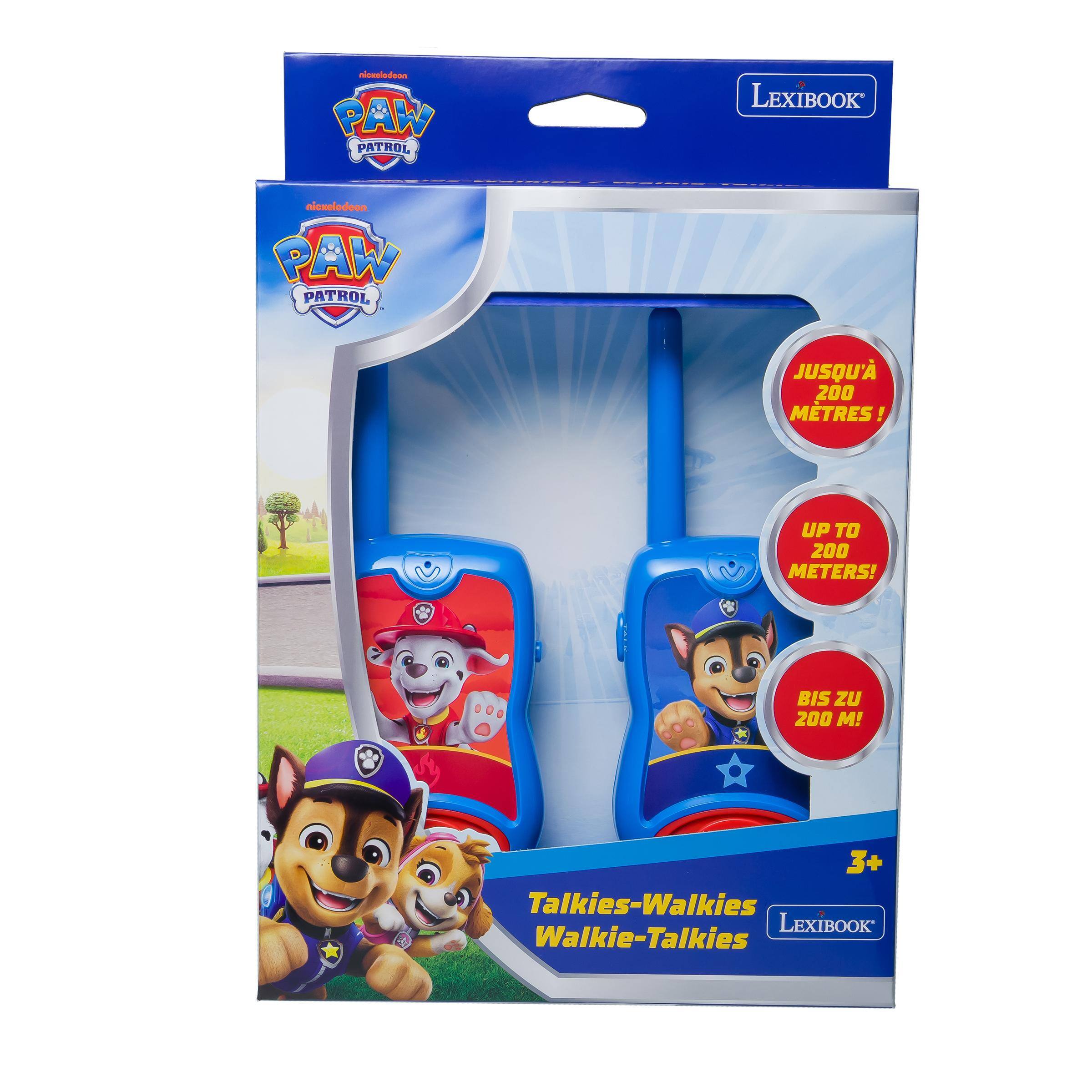 nicuelodeon PAW PATROL  
LEXIBOOK  
nicuelodeon. PAW PATROL  
JUSQU' 200 METRES!  
UP TO 200 METERS!  
BIS ZU 200 M!  
3+ Talkies-Walkies LEXIBOOK Walkie-Talkies