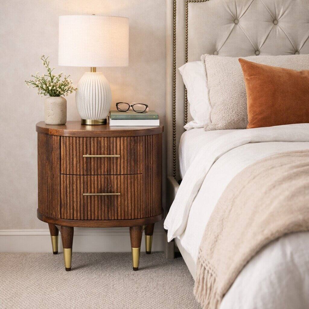 Angle. Artisan Furniture - Artisan Furniture Solid Wood Ribbed Bedside with Brass Handles, 2 Drawers, Brown - Brown.