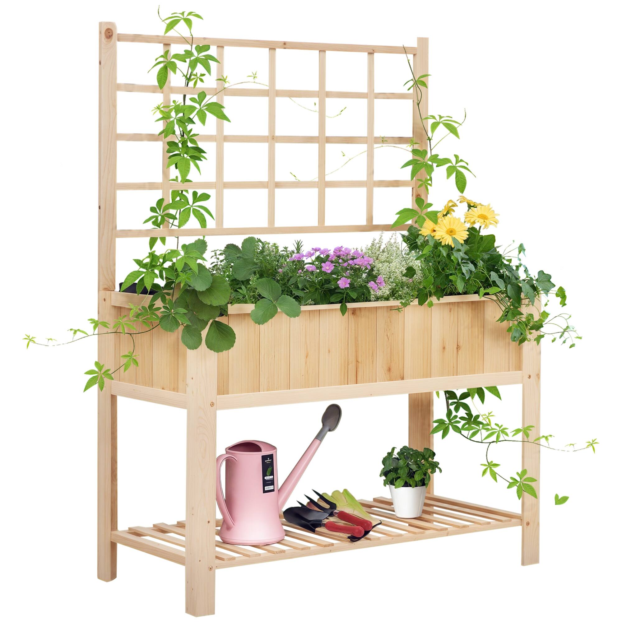 Front. Outsunny - 47'' Wooden Raised Garden Bed with Trellis, Coutryside Style Elevated Planter Box Stand with Open Storage Shelf - Natural.