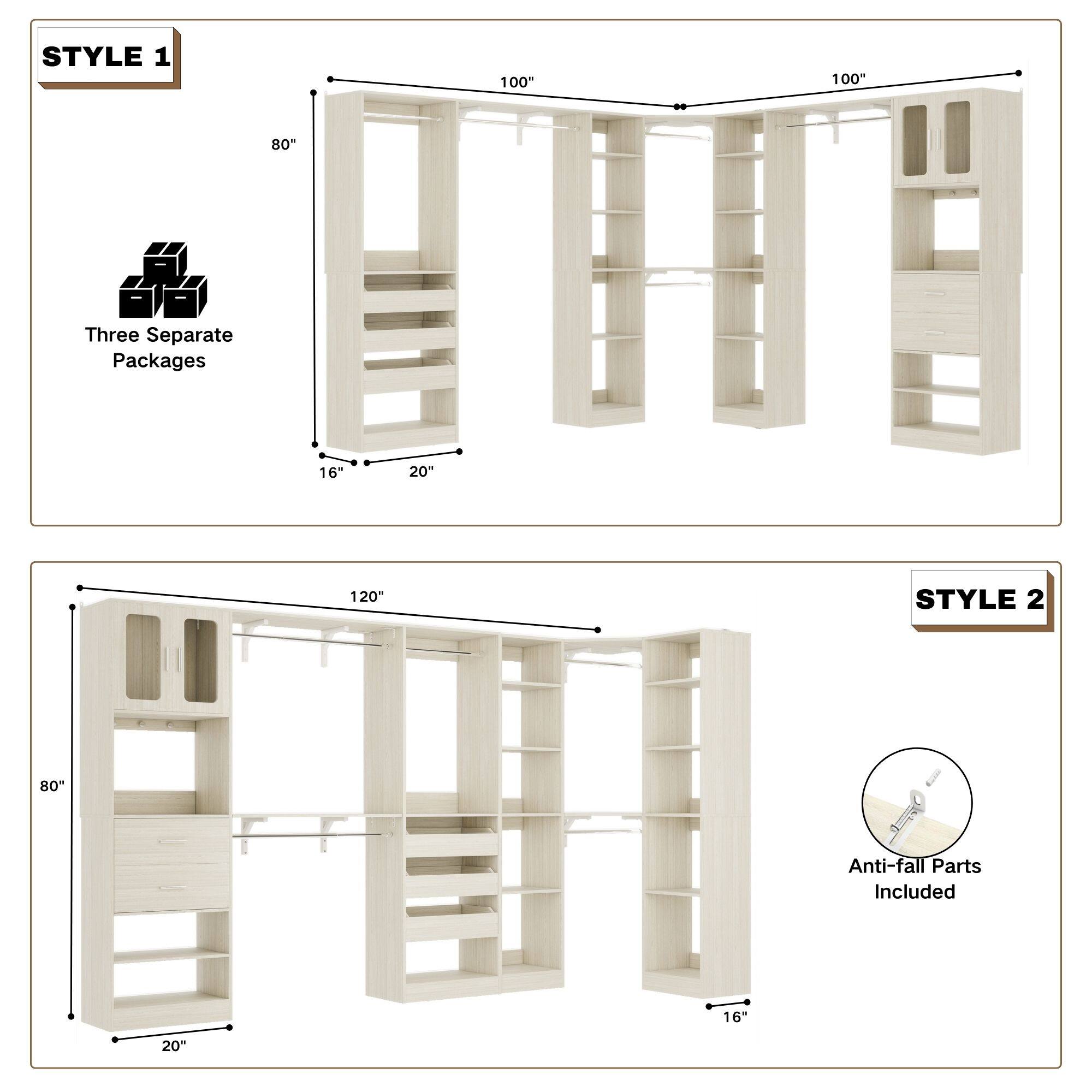 STYLE 1  
100" x 100" x 80"  
Three Separate Packages  
16" x 20" x 120"  

STYLE 2  
80" x 120" x 16"  
Anti-fall Parts Included