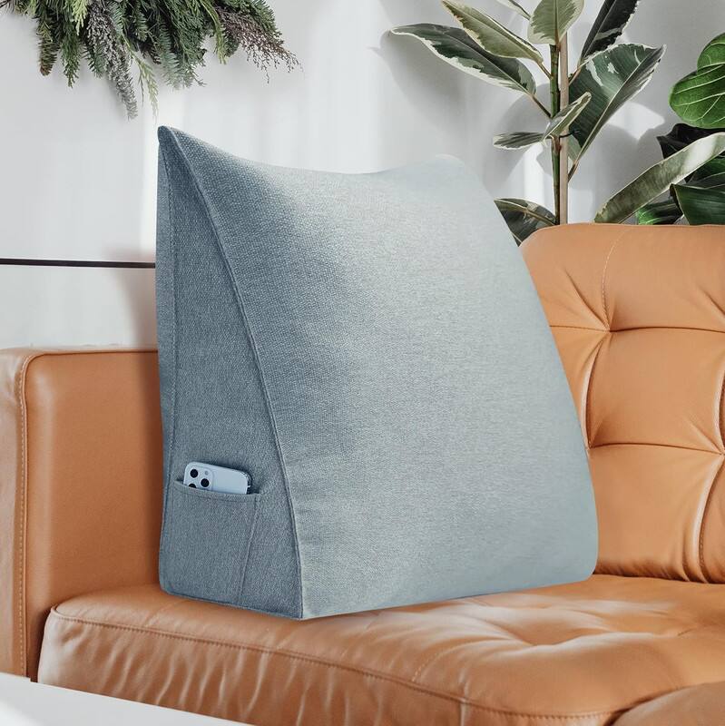 Back. wowmax - Large Reading Pillow with Removable Headboard - Gray Linen Wedge Cushion for Sitting Up in Bed - Grey.