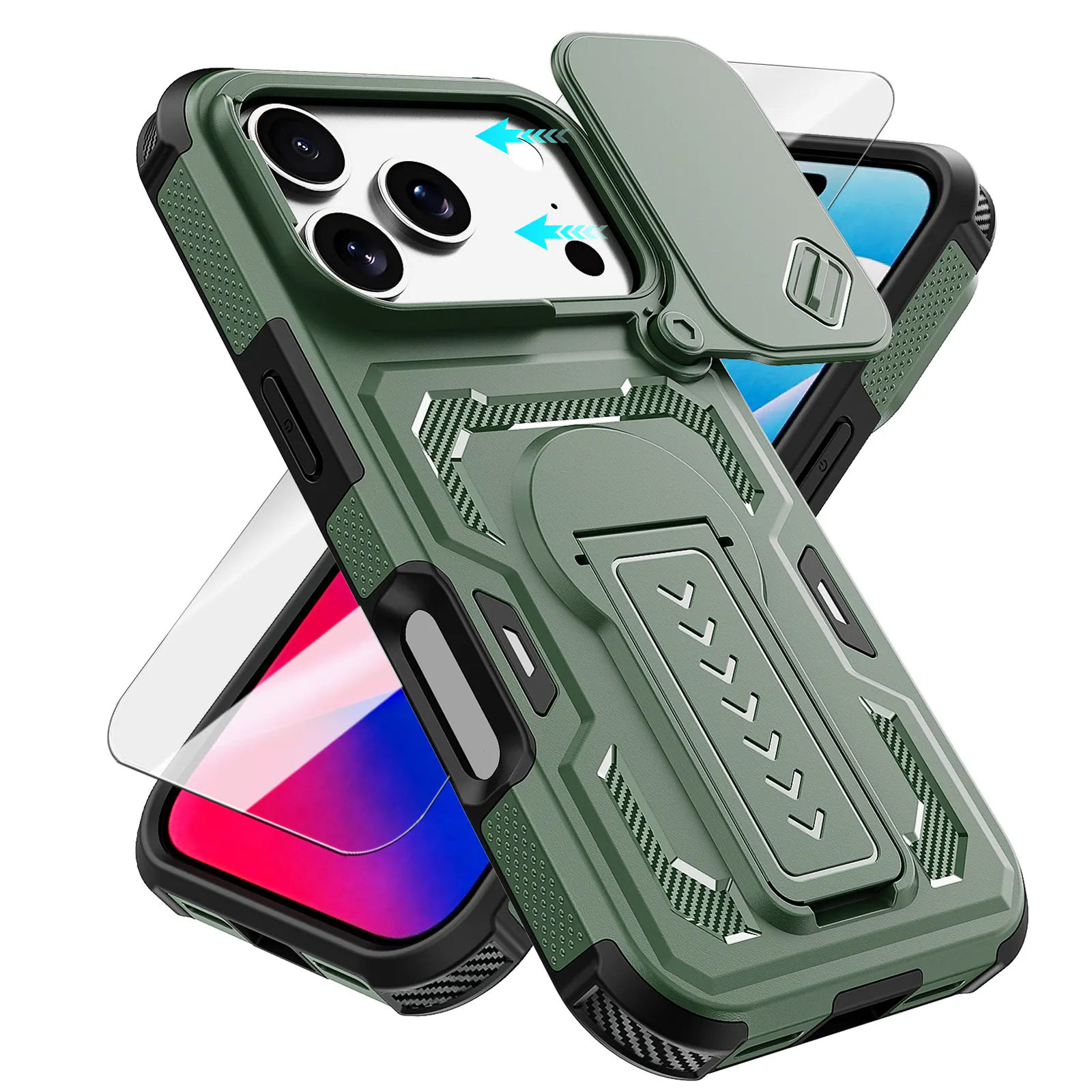 Dteck - Rugged Stand Case for Apple iPhone 17 Pro Max,Shockproof Heavy Duty Cover With Sliding Lens Cover+Tempered Glass Flim - Green