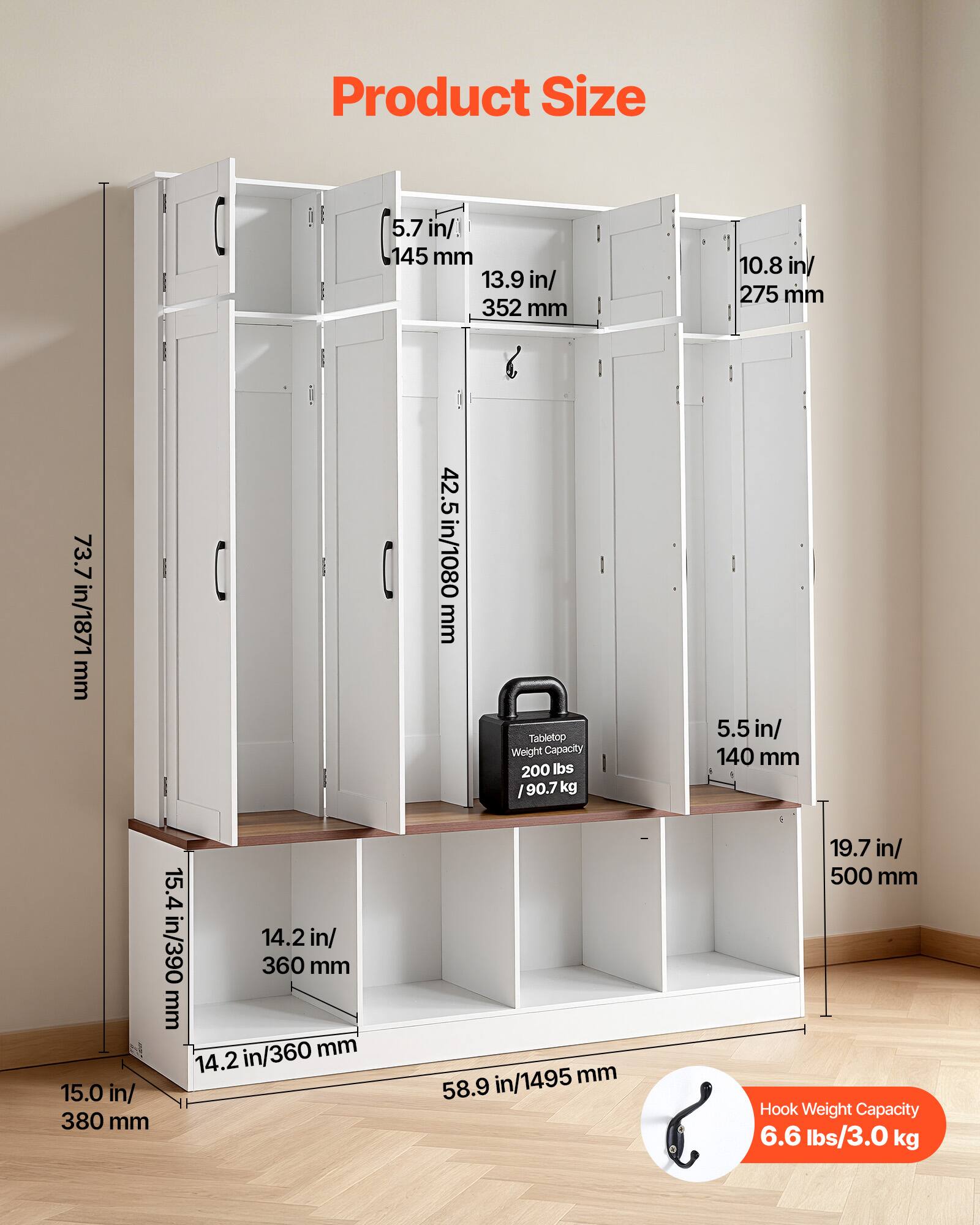 Product Size  
5.7 in/145 mm  
13.9 in/352 mm  
10.8 in/275 mm  
73.7 in/1871 mm  
42.5 in/1080 mm  

Tabletop Weight Capacity  
200 lbs / 90.7 kg  

5.5 in/140 mm  
15.4 in/390 mm  
14.2 in/360 mm  
14.2 in/360 mm  
15.0 in/380 mm  
58.9 in/1495 mm  
19.7 in/500 mm  

Hook Weight Capacity  
6.6 lbs/3.0 kg