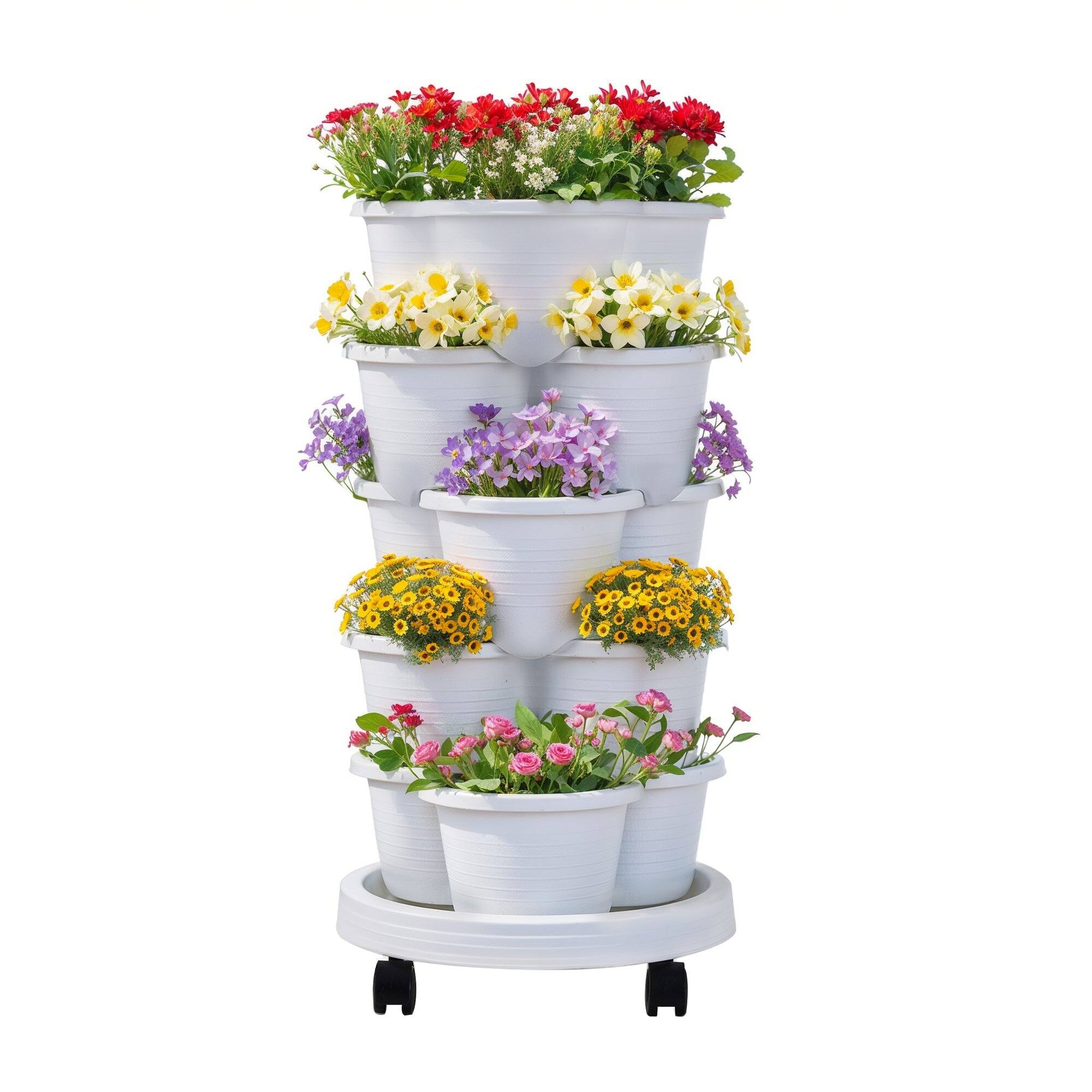 Front. Vecelo - 5-Tier Stackable Vertical Garden Planter with Drainage and Wheels for Indoor Outdoor Strawberry & Herb Growing.