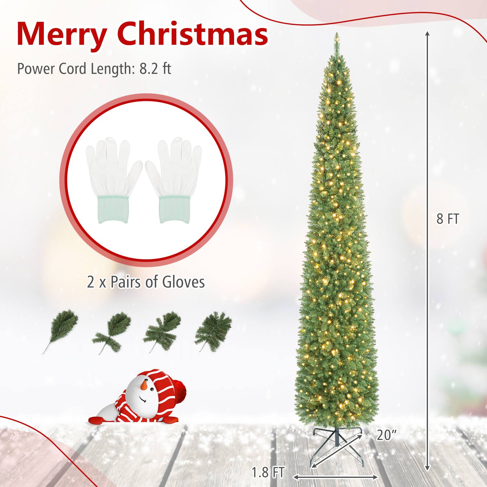 Merry Christmas  
Power Cord Length: 8.2 ft  
8 FT  
2 x Pairs of Gloves  
20"  
1.8 FT
