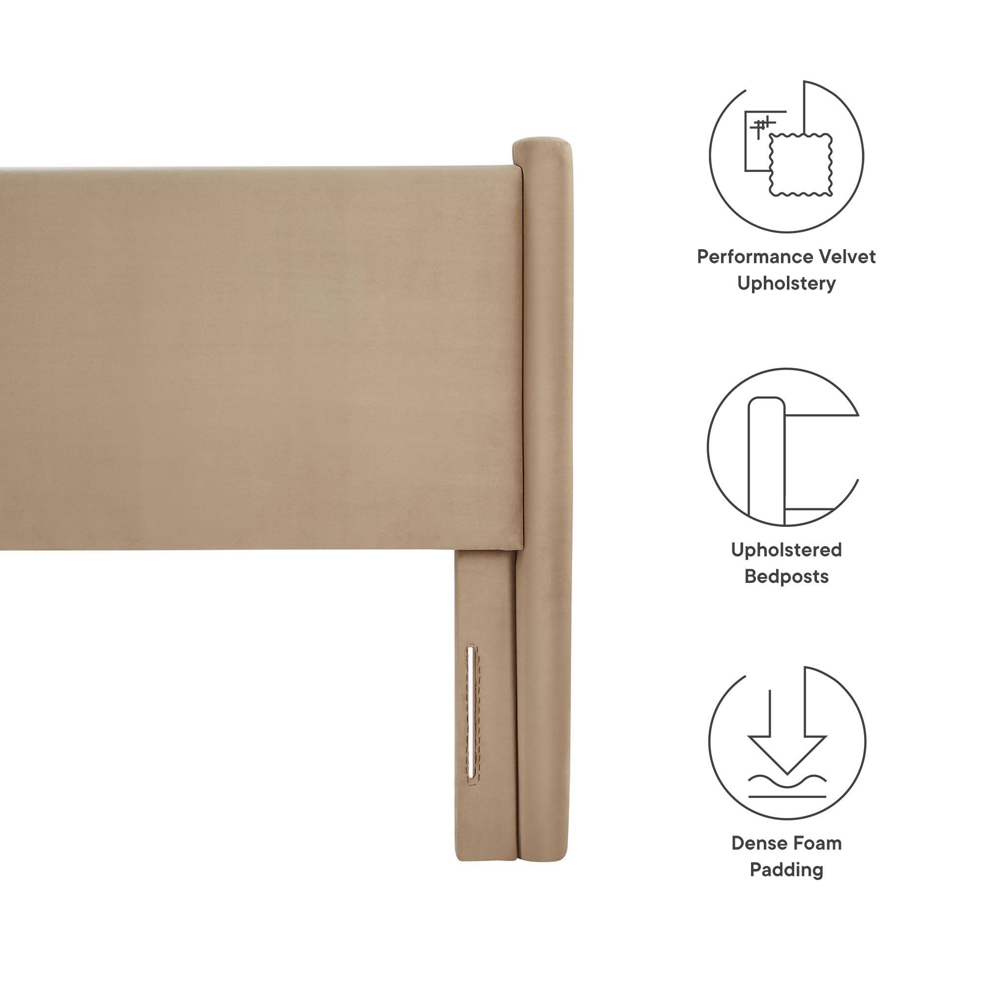 Performance Velvet Upholstery  
Upholstered Bedposts  
Dense Foam Padding