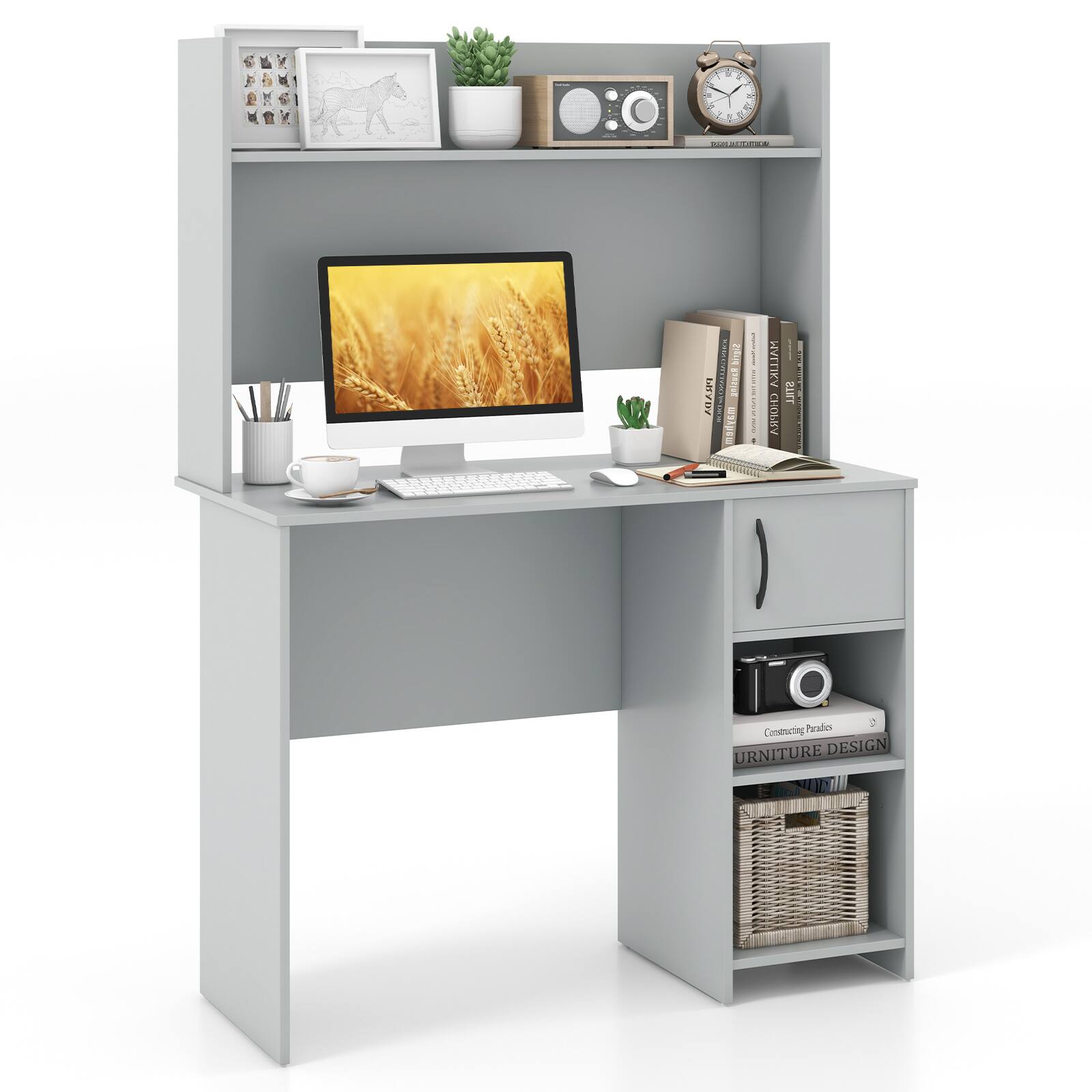 Costway - Computer Desk w/ Hutch Home Office Desk w/ Adjustable Shelf Modern Writing Table PC Desk - Gray