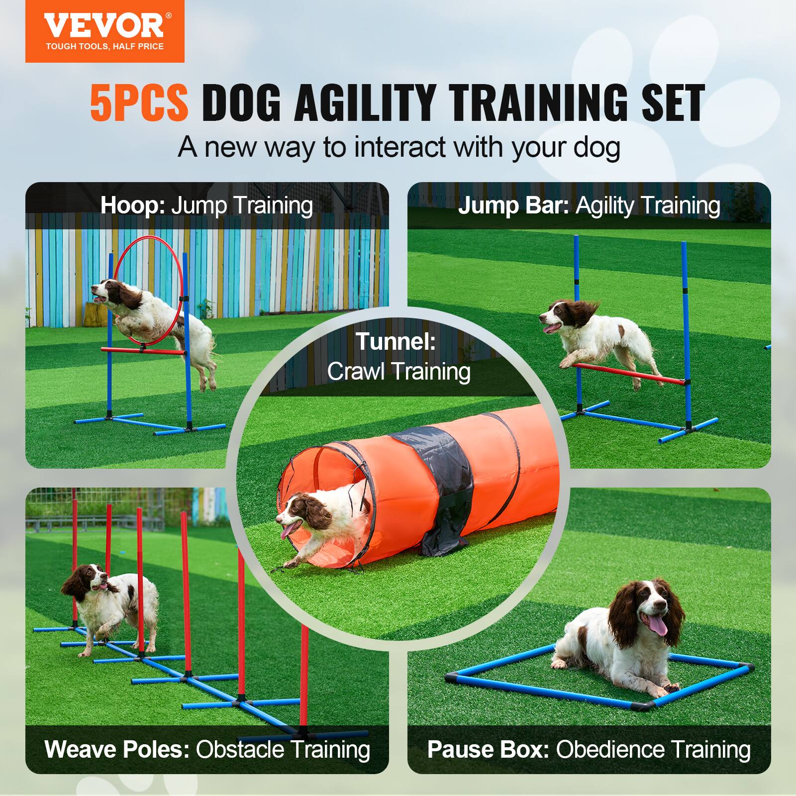 VEVOR TOUGH TOOLS, HALF PRICE 5PCS DOG AGILITY TRAINING SET A new way to interact with your dog Hoop: Jump Training Jump Bar: Agility Training Tunnel: Crawl Training Weave Poles: Obstacle Training Pause Box: Obedience Training