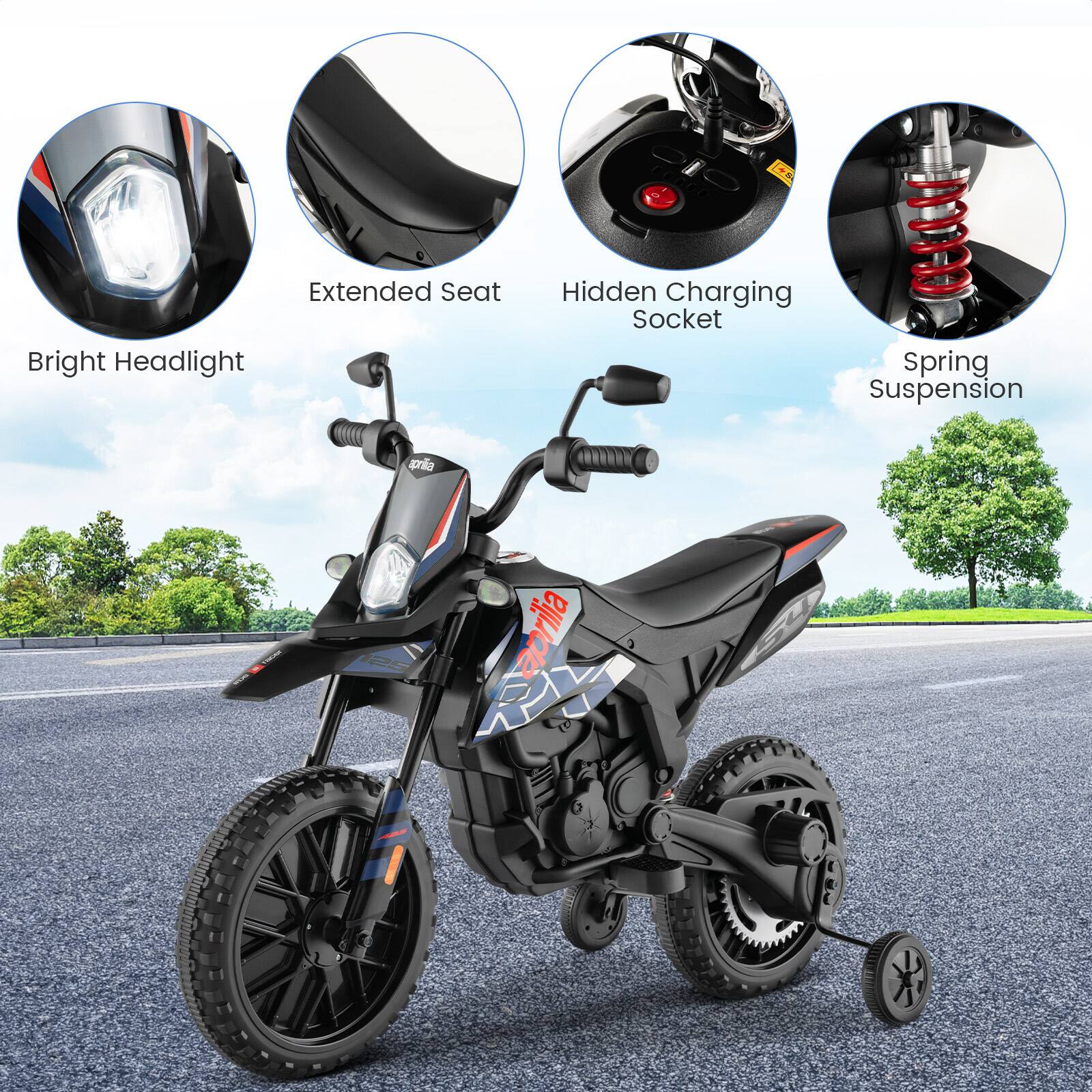- Bright Headlight
- Extended Seat
- Hidden Charging Socket
- Spring Suspension

Aprilia