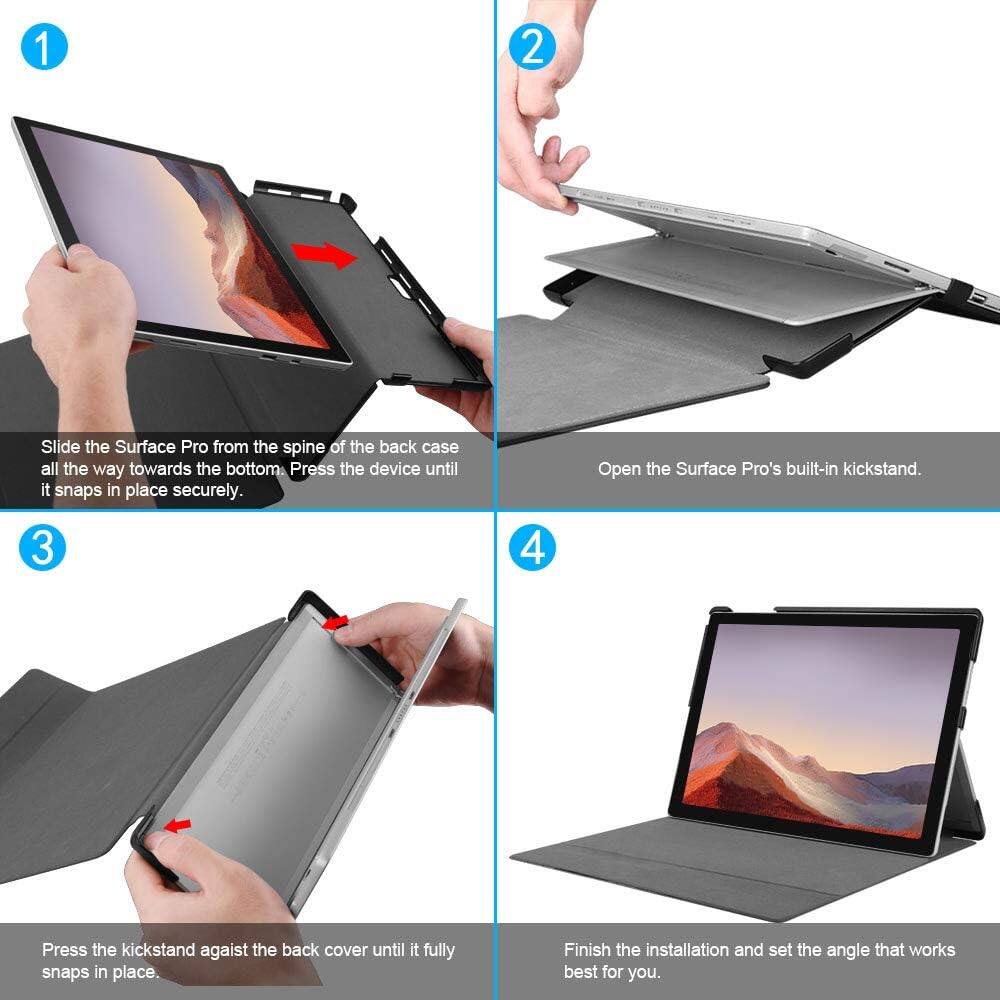1. Slide the Surface Pro from the spine of the back case all the way towards the bottom. Press the device until it snaps in place securely.
2. Open the Surface Pro's built-in kickstand.
3. Press the kickstand against the back cover until it fully snaps in place.
4. Finish the installation and set the angle that works best for you.