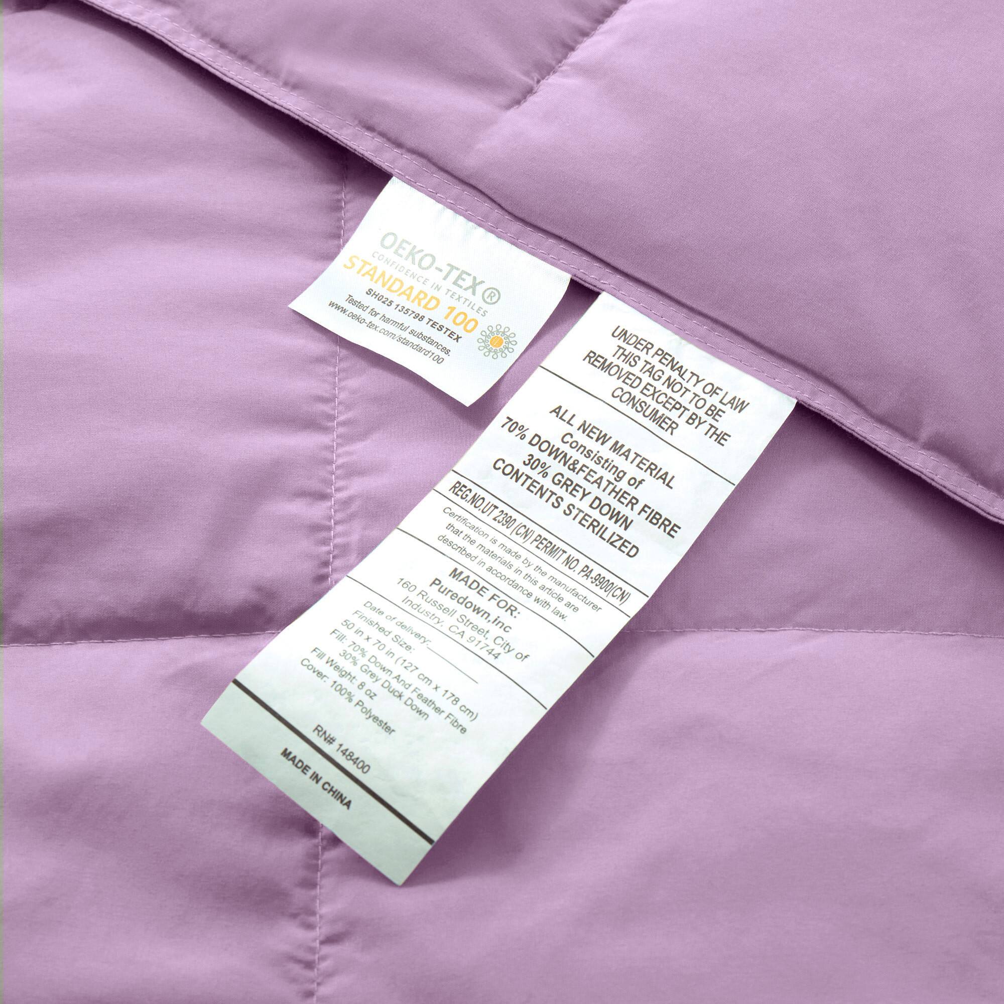 OEKO-TEX® STANDARD 100

Tested for harmful substances in textiles. 
Tested according to STANDARD 100 by OEKO-TEX®
www.oeko-tex.com/en/standard100

UNDER PENALTY OF LAW THIS TAG IS NOT TO BE REMOVED EXCEPT BY THE CONSUMER

ALL NEW MATERIAL
Consisting of
70% DOWN & FEATHER
30% GREY FIBRE
CONTENTS STERILIZED

MADE IN CHINA

REG. NO. PA-9900(CN)
PERMIT NO. 2390
MADE BY: Puredown, Inc.
MADE FOR: 160 Purse Street, City
MADE IN: 91744 CA
RN# 148400