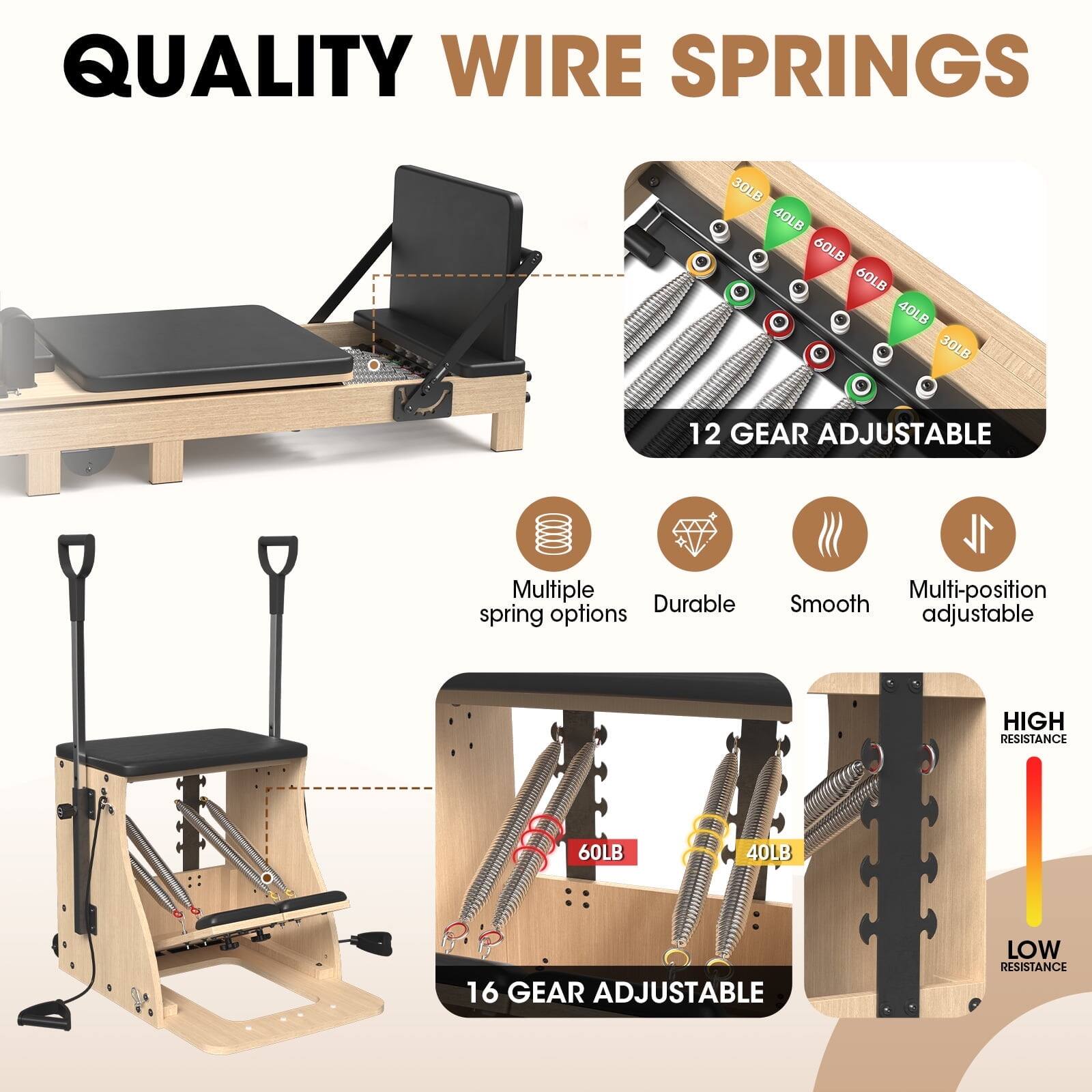 QUALITY WIRE SPRINGS

30LB 40LB 60LB 12 GEAR ADJUSTABLE
Multiple Durable spring options
1 Multi-position Smooth adjustable
HIGH RESISTANCE
60LB 40LB 16 GEAR ADJUSTABLE
LOW RESISTANCE