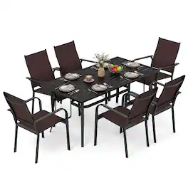 Gymax - 7PCS Patio Dining Set for 6 Metal Table w/Umbrella Hole & 6 Stackable Armchairs Coffee - Black