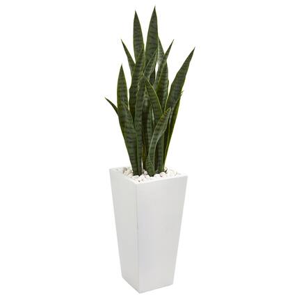 Front. BreeBe - 4' Sansevieria Artificial Plant in White Tower Planter - Green.