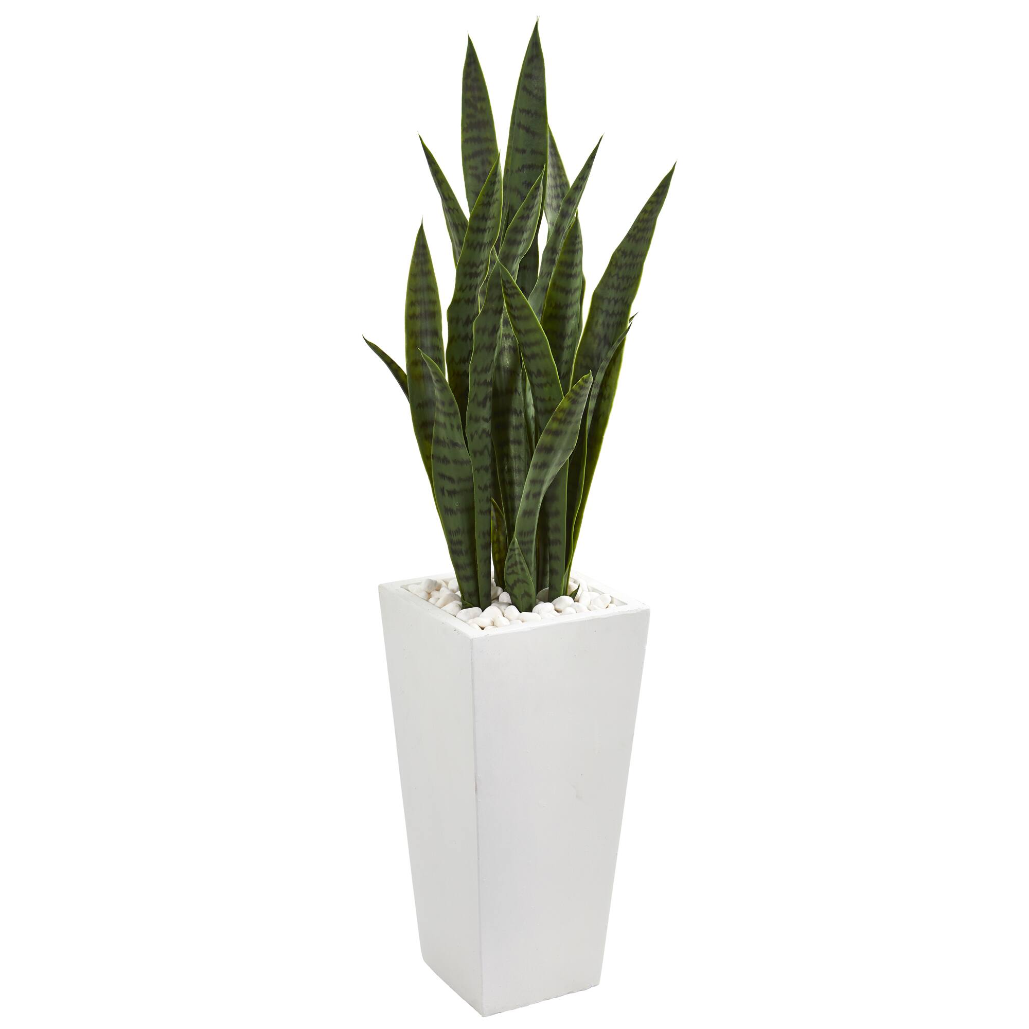Front. BreeBe - 4' Sansevieria Artificial Plant in White Tower Planter - Green.