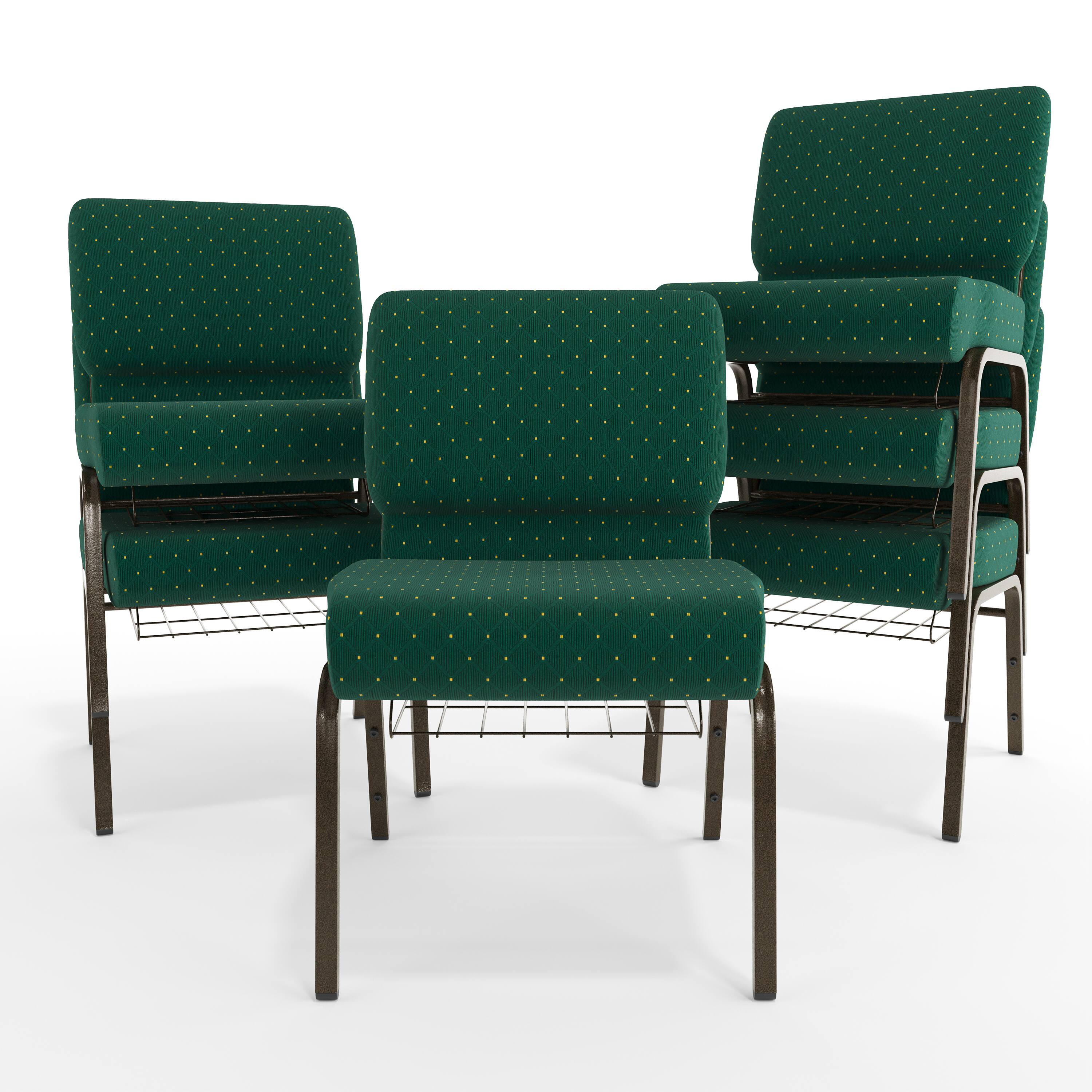Alt View 10. Emma + Oliver - 21"W Church/Reception Guest Chair with Communion Cup Book Rack - Hunter Green Dot Patterned Fabric/Gold Vein Frame.
