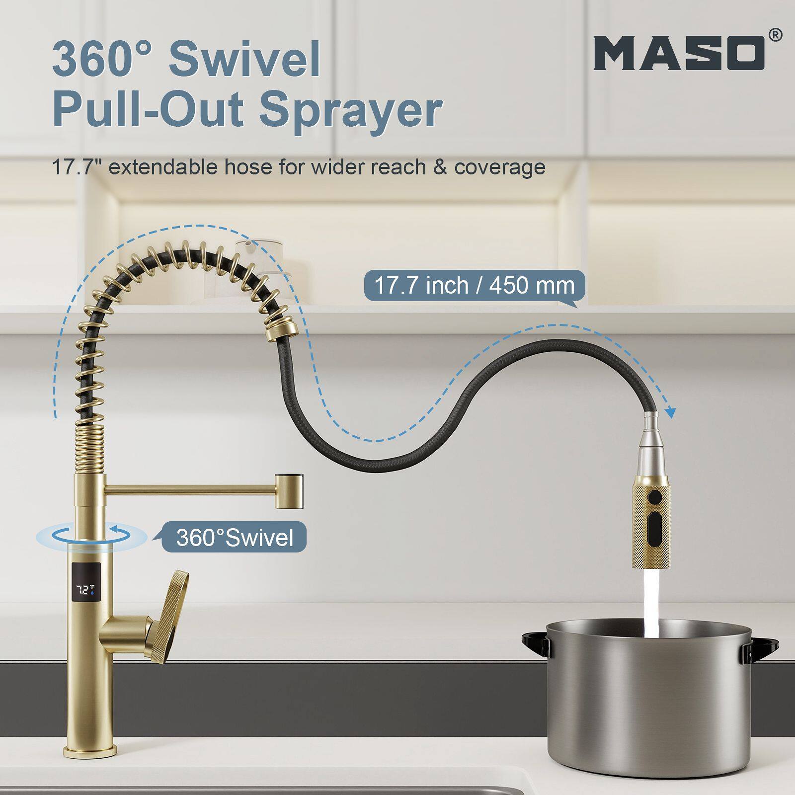 360° Swivel Pull-Out Sprayer  
17.7" extendable hose for wider reach & coverage  
17.7 inch / 450 mm  
360° Swivel