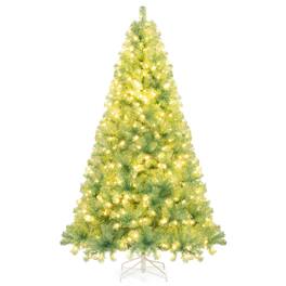 Gymax - 7.5 FT Pre-Lit Tinsel Christmas Tree Artificial Xmas Tree w/ 1300 Lush Branch Tips Fruit - Green