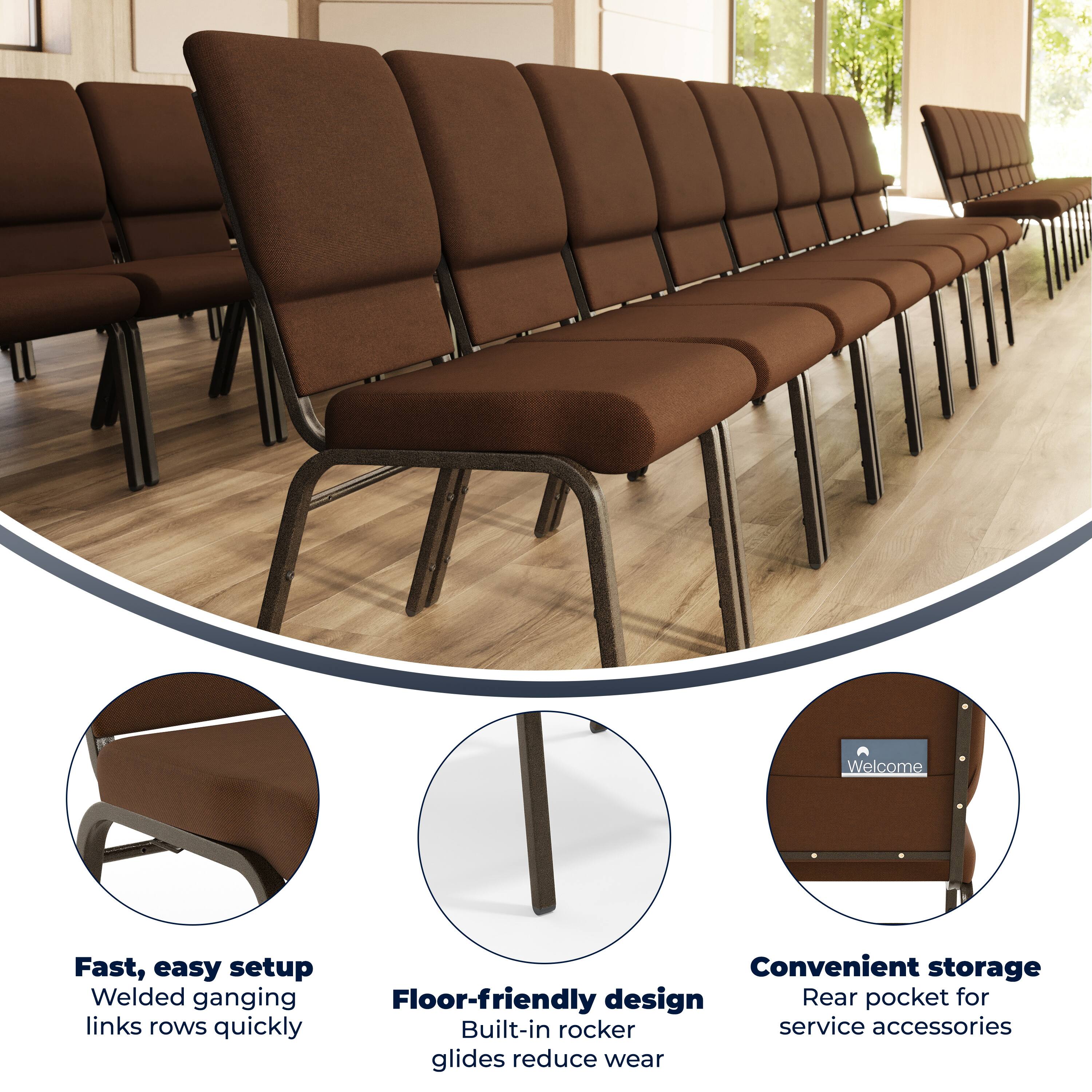 Welcome

Fast, easy setup  
Welded ganging links rows quickly

Convenient storage  
Rear pocket for service accessories

Floor-friendly design  
Built-in rocker glides reduce wear