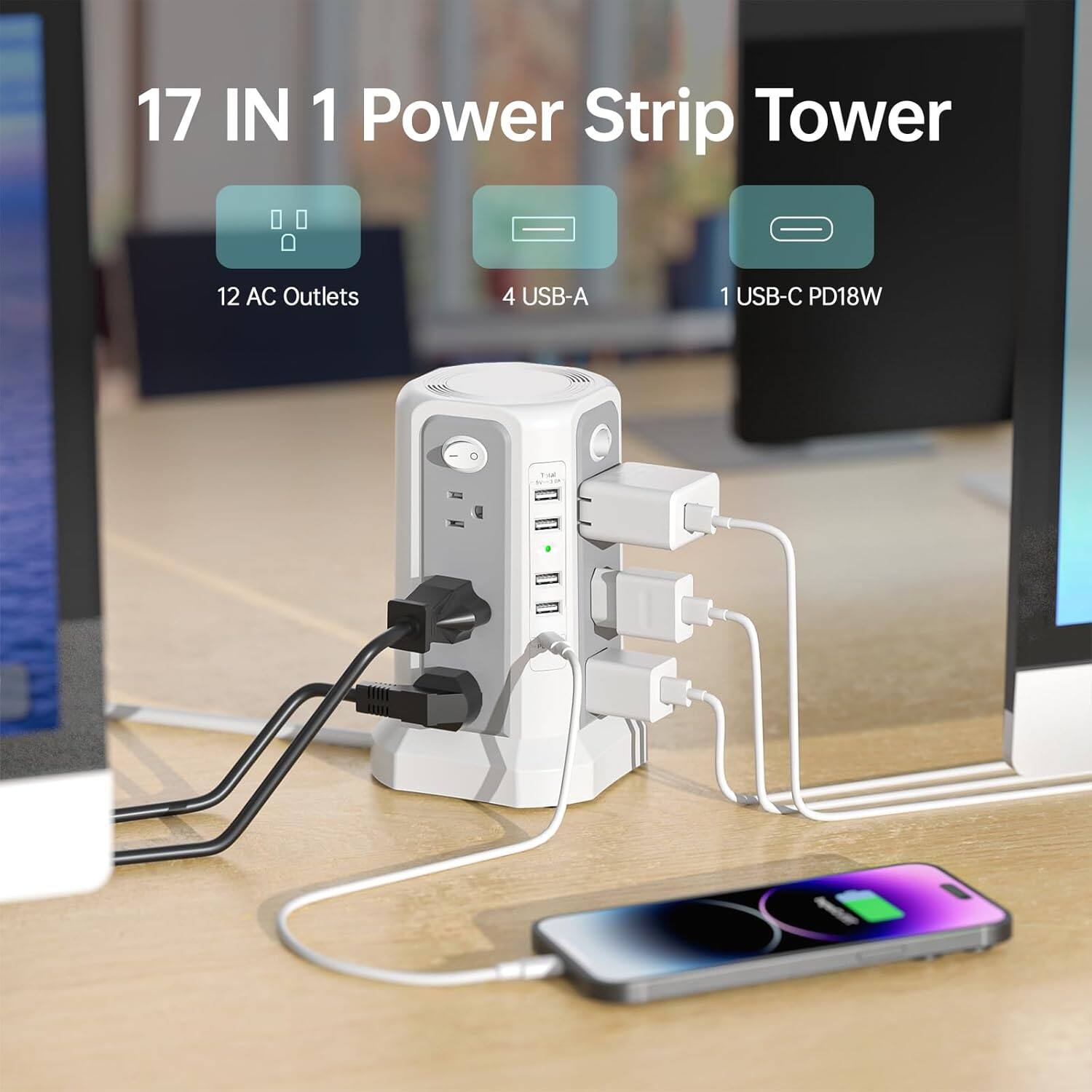 17 IN 1 Power Strip Tower  
12 AC Outlets  
4 USB-A  
1 USB-C PD18W