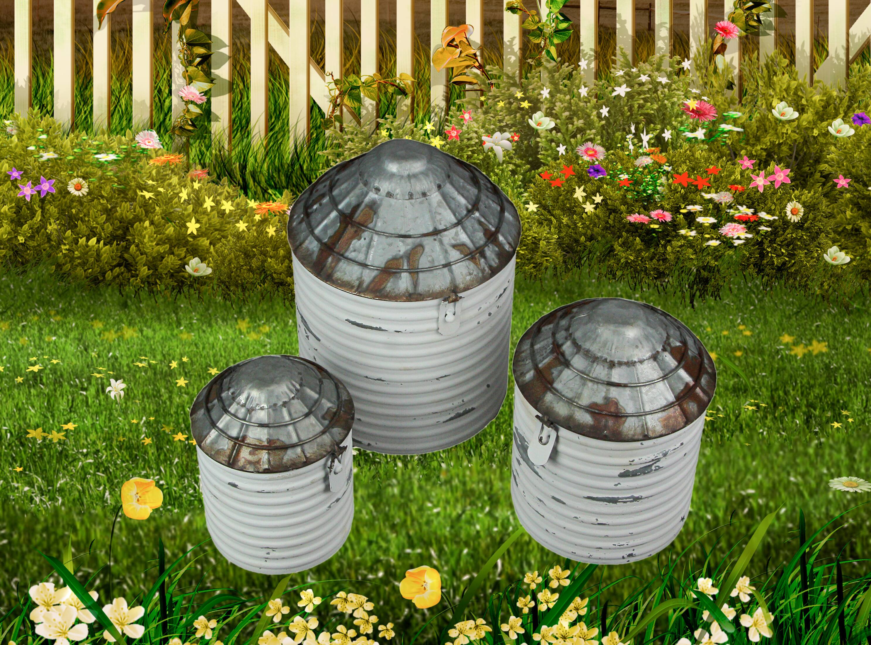 Alt View 6. Zeckos - Vintage White Farmhouse Style Galvanized Decorative Tin Silo Canister Set of 3 - White.