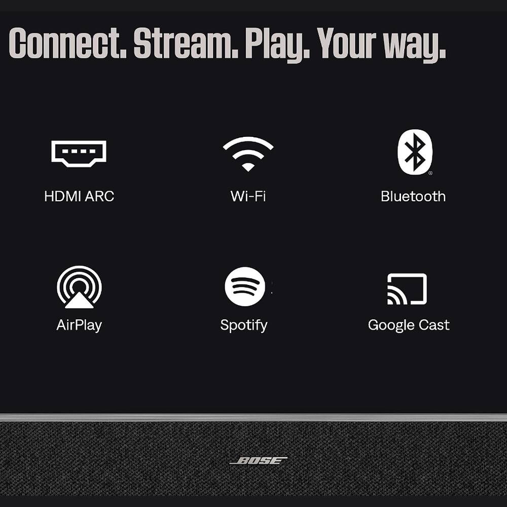 Connect. Stream. Play. Your way.

- HDMI ARC
- Wi-Fi
- Bluetooth
- AirPlay
- Spotify
- Google Cast

BOSE