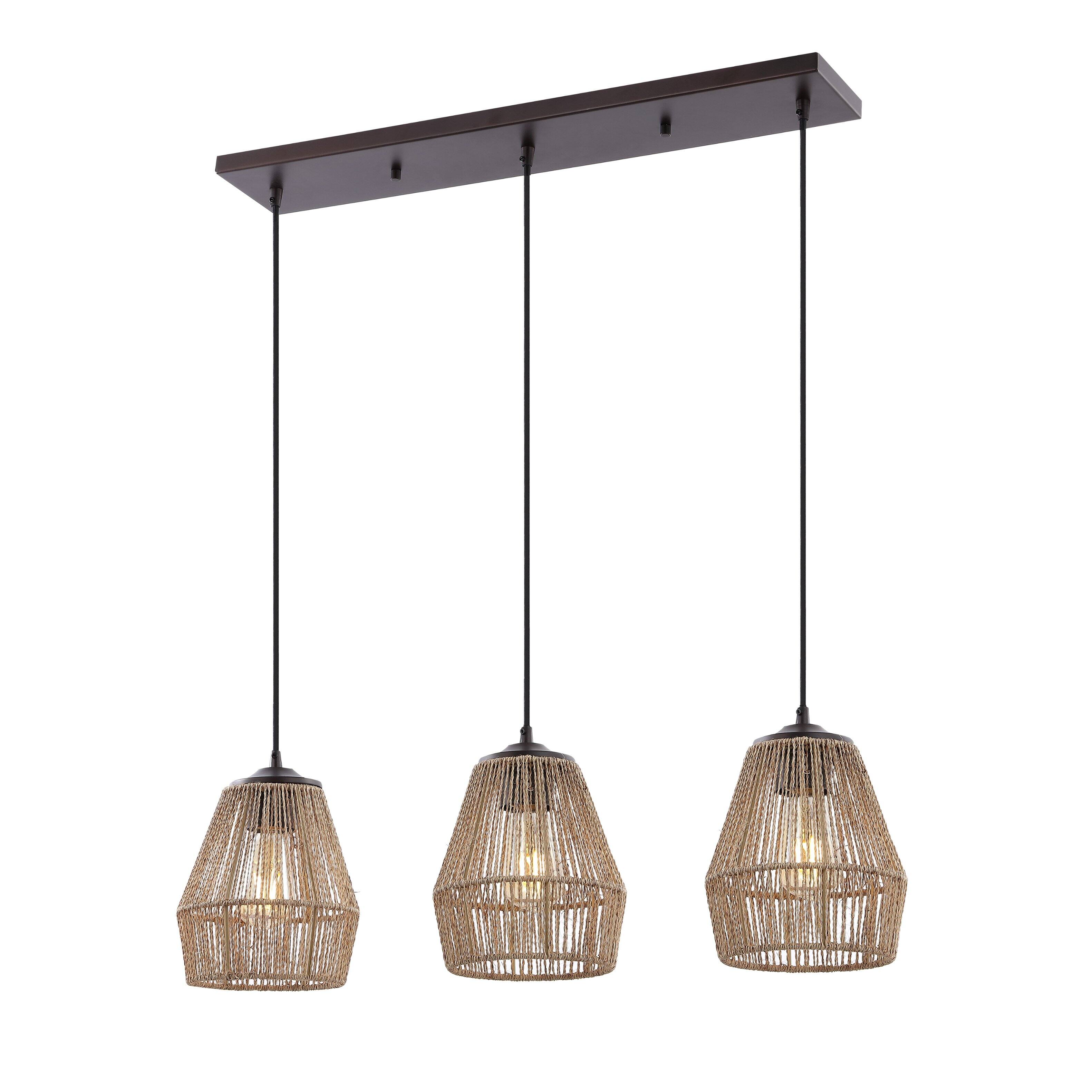 Front. Jonathan Y - Ibiza Island 30" 3-Light Woven Rope/Metal Bohemian Coastal LED Linear Pendant, Oil Rubbed Bronze/Natural - Oil Rubbed Bronze.