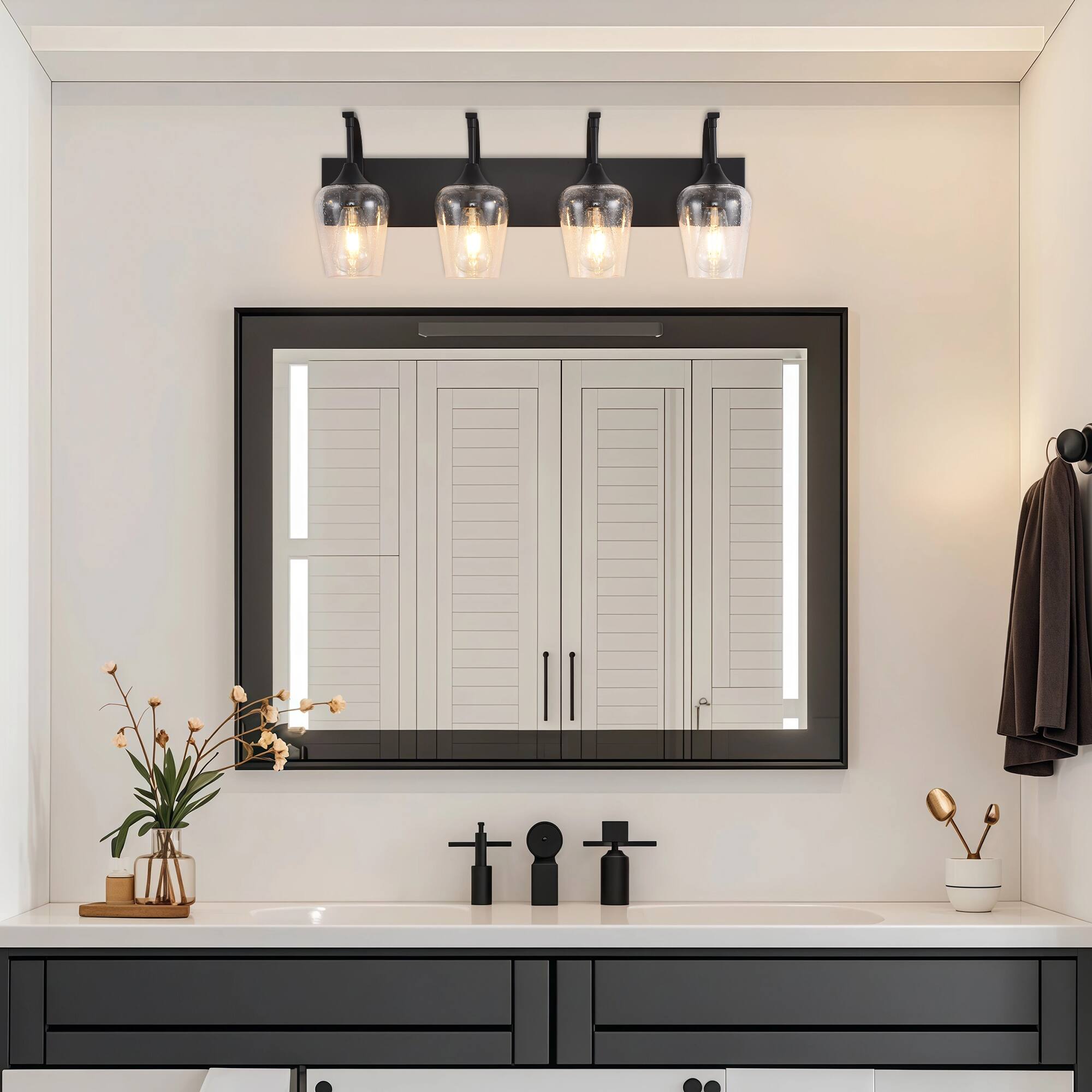 Alt View 1. RYHNUYNE - Black Bathroom Light Fixtures,4-Light Industrial Vanity Light with Clear Glass Shades,Bathroom Wall Lamp Over Mirror - Black.