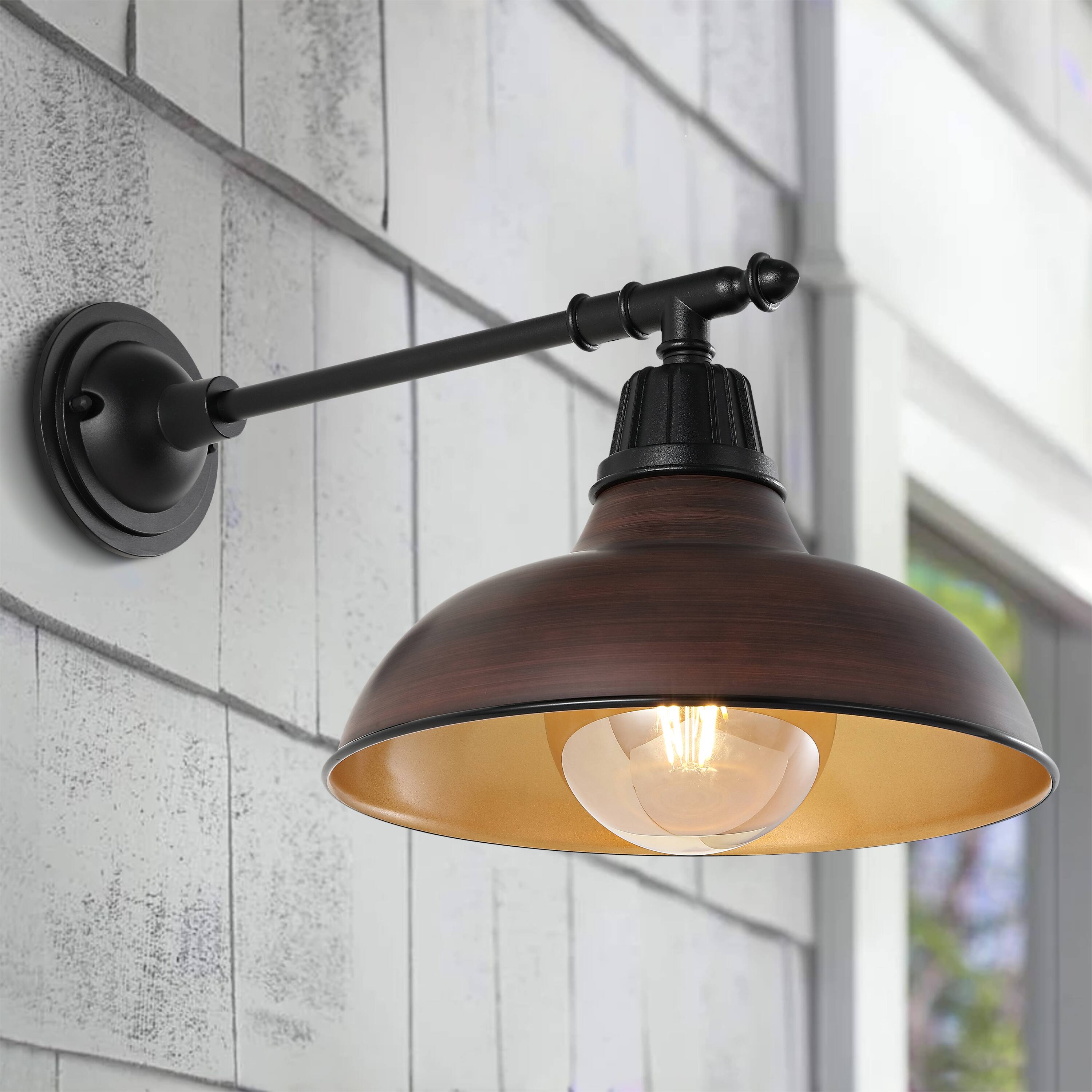 Alt View 6. Jonathan Y - Wallace 12.25" 1-Light Farmhouse Industrial Indoor/Outdoor Iron LED Victorian Arm Outdoor Sconce, Wood Finish/Copper - Wood Finish/Black.