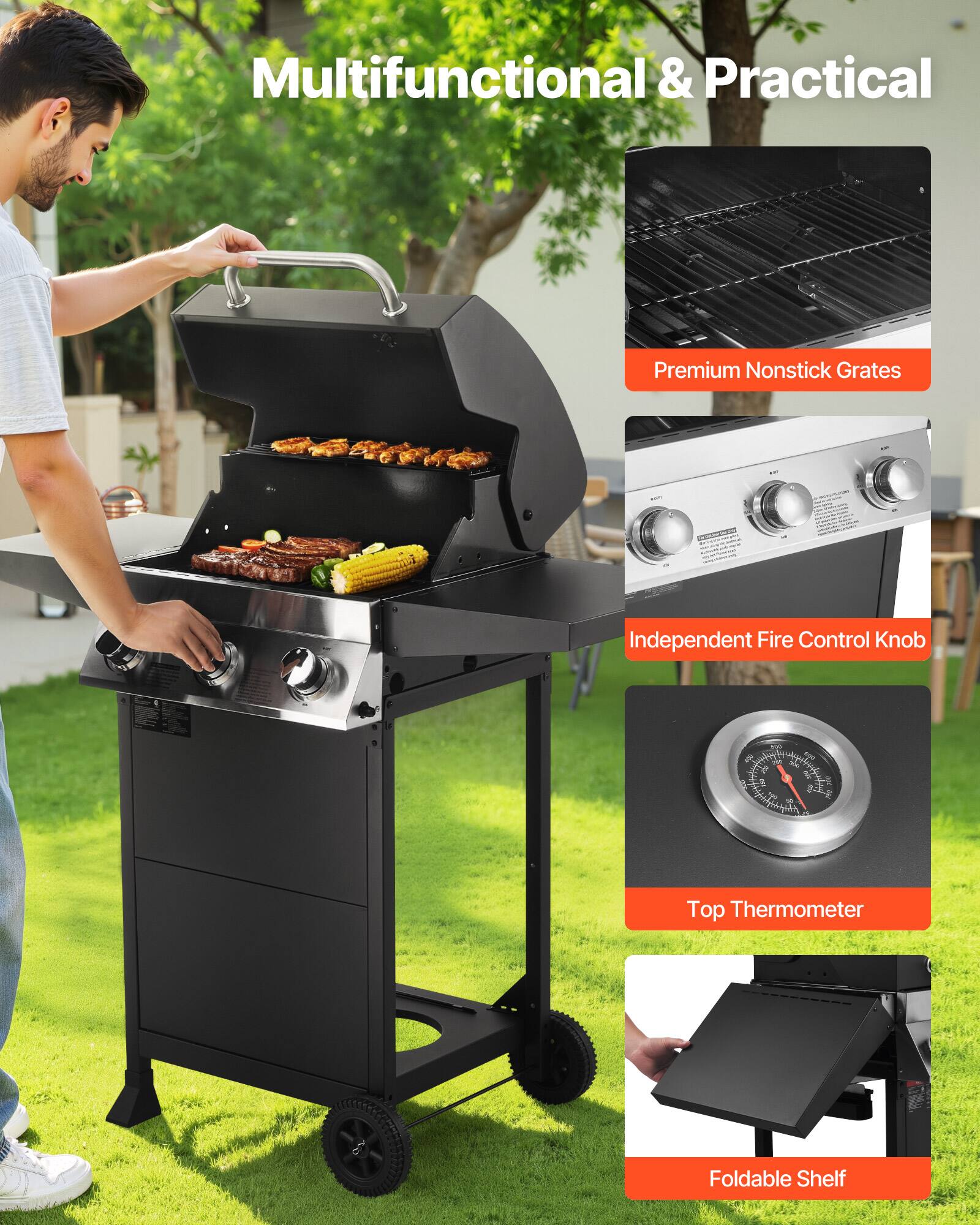 Multifunctional & Practical

- Premium Nonstick Grates
- Independent Fire Control Knob
- Top Thermometer
- Foldable Shelf
