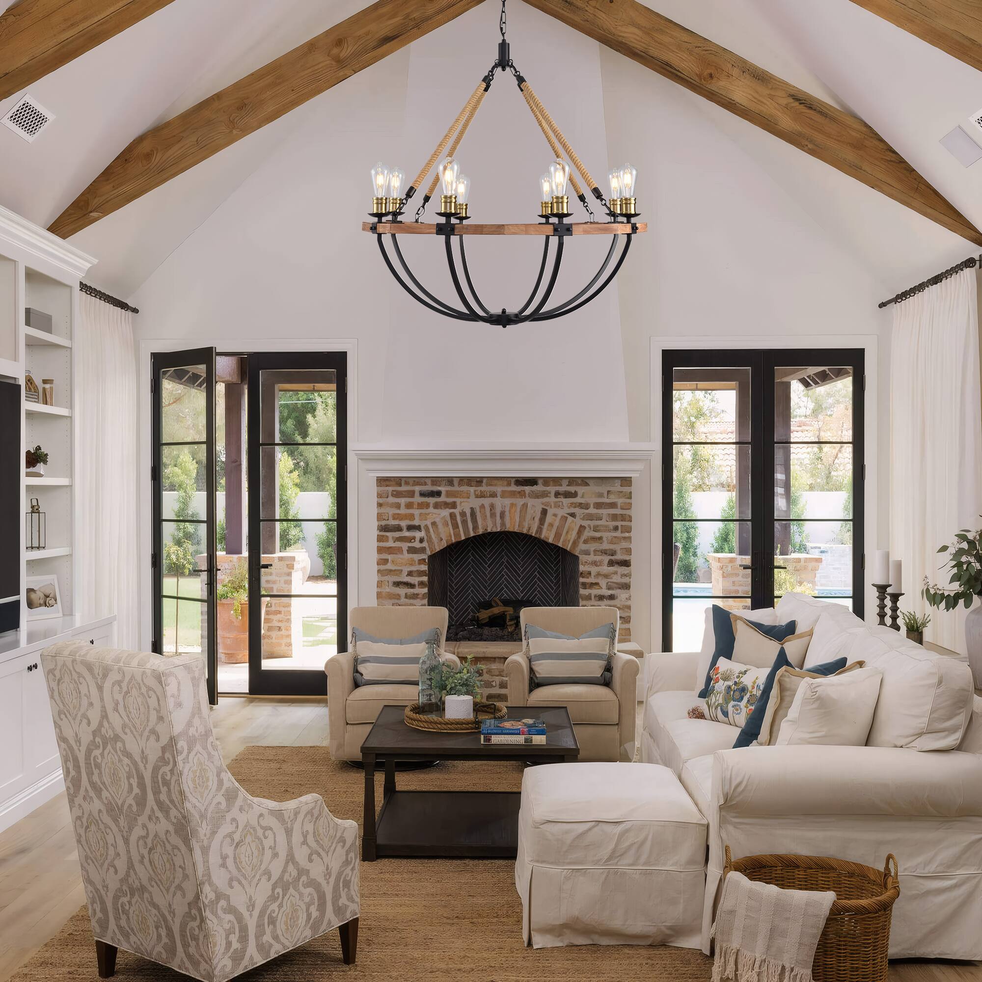 Back. RYHNUYNE - 8-Light Farmhouse Chandelier Round Wood Pendant Light 38 Inch Adjustable Height Rustic Industrial Light Fixture - Brown.