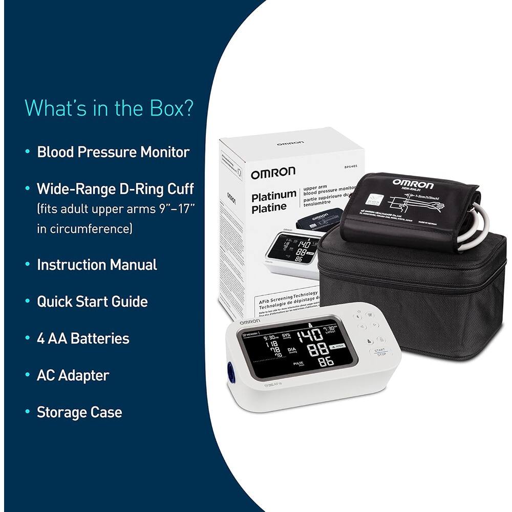 What's in the Box?

- Blood Pressure Monitor
- Wide-Range D-Ring Cuff (fits adult upper arms 9"–17" in circumference)
- Instruction Manual
- Quick Start Guide
- 4 AA Batteries
- AC Adapter
- Storage Case