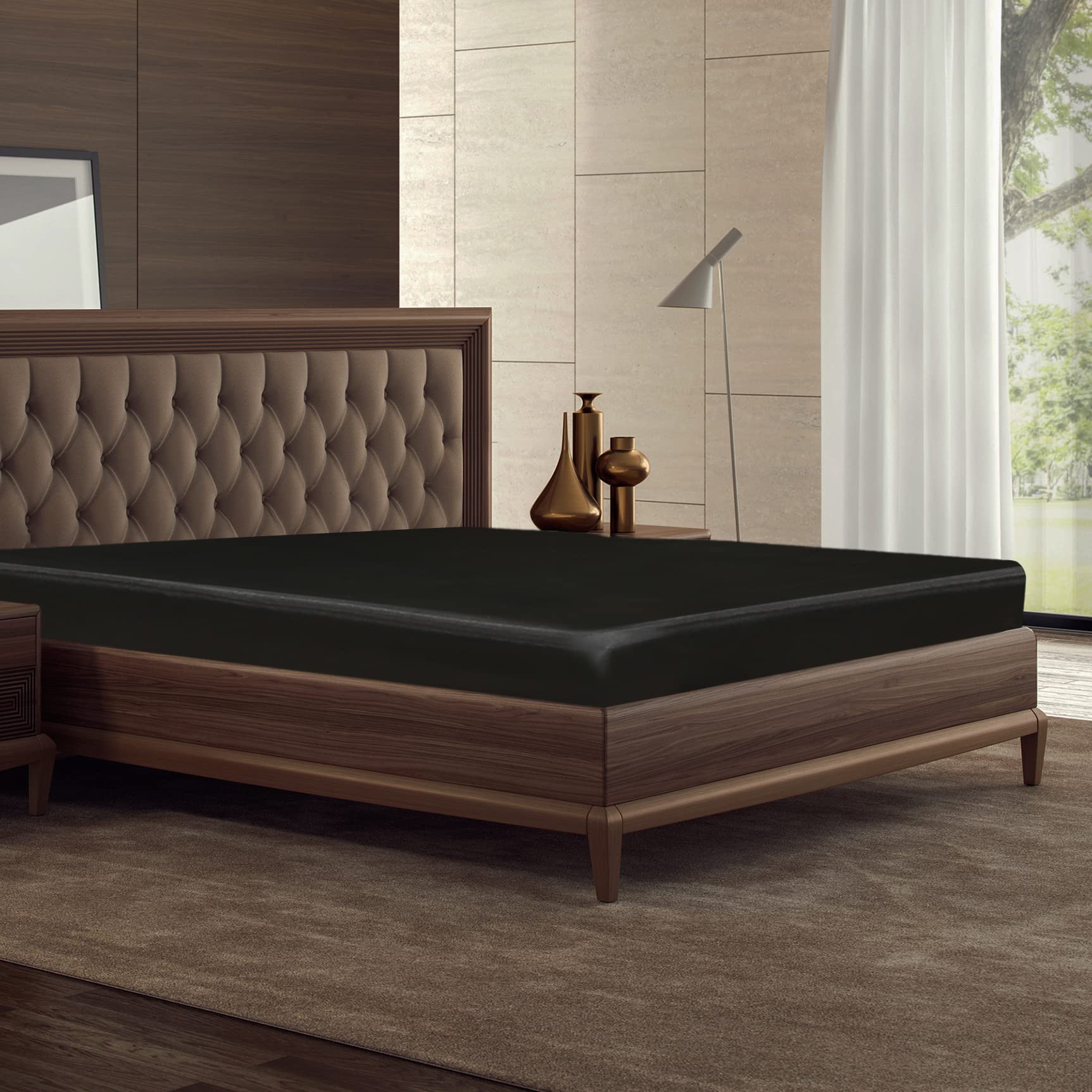 Back. Stylel Star - Silk Satin Black Fitted Sheet  Deep Pocket Only Breathable Non- Fading Fully Elasticized Bed Sheets Sold Separately - Black-Full.