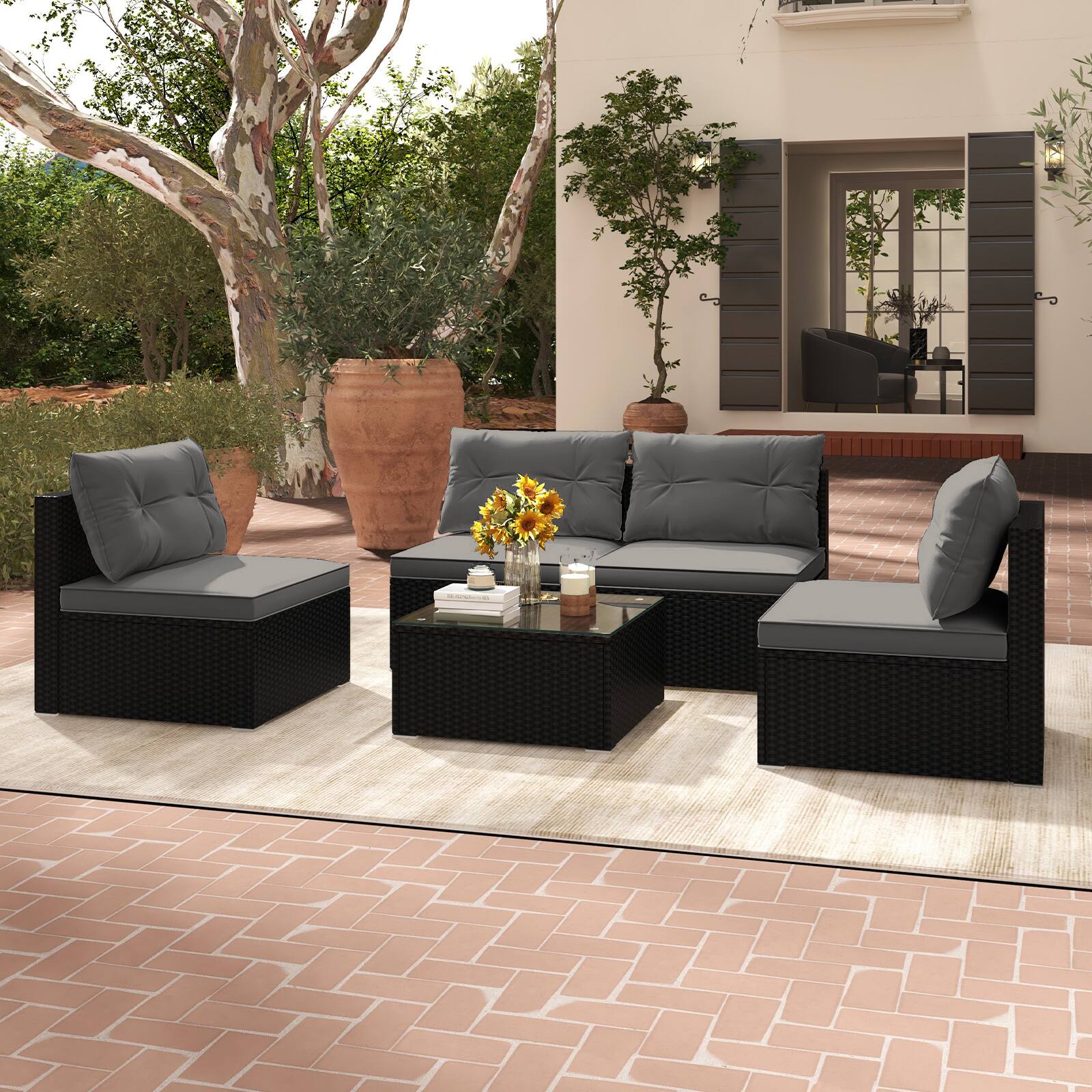 Alt View 1. Gymax - Gymax Set Of 5 Outdoor Furniture Set w/ Seat & Back Cushions Tempered Glass Tabletop - Gray, Black.