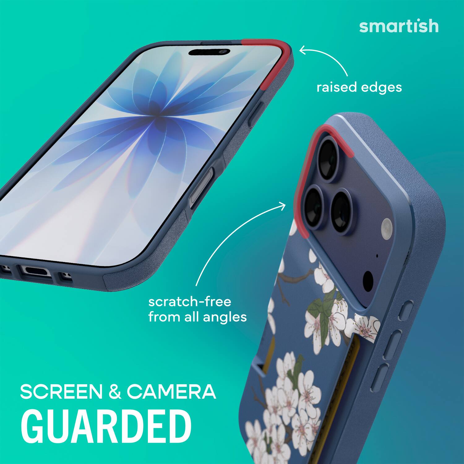 smartish  
raised edges  
scratch-free from all angles  
SCREEN & CAMERA GUARDED