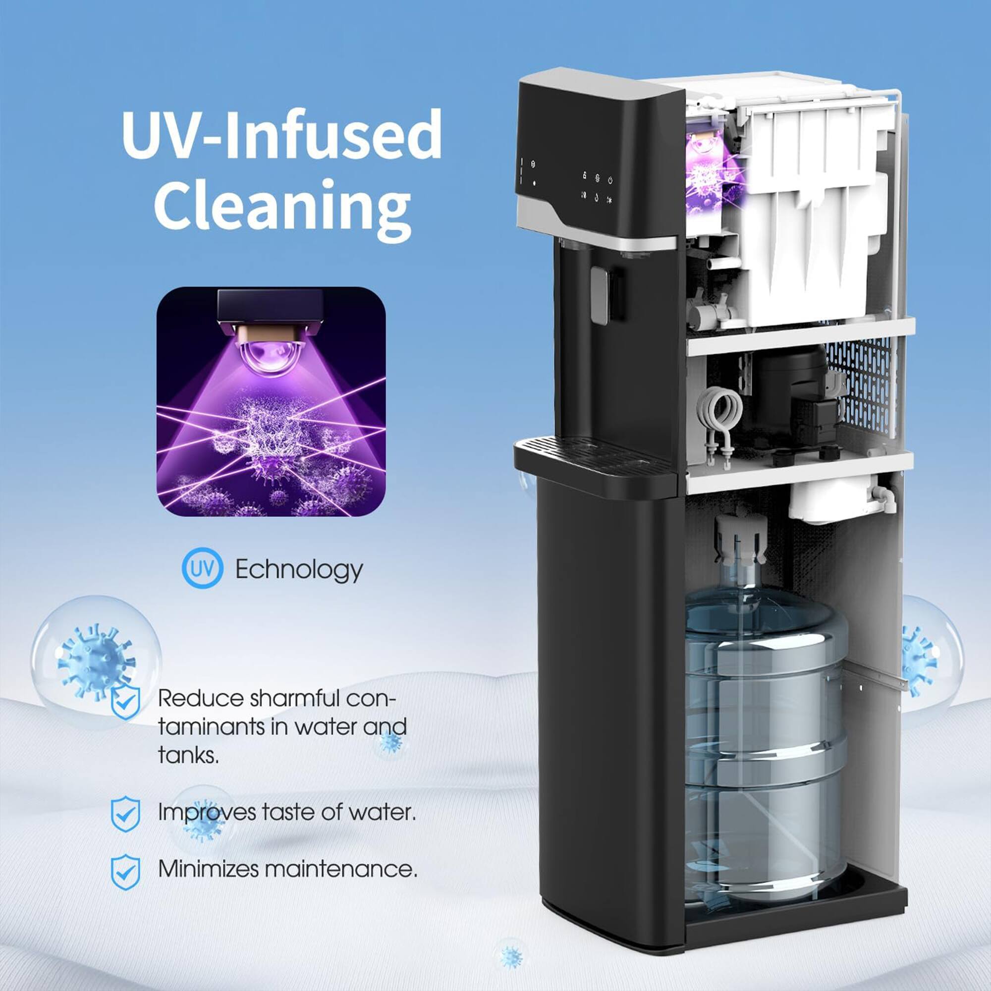 UV-Infused Cleaning  
UV Technology  
Reduce harmful contaminants in water and tanks.  
Improves taste of water.  
Minimizes maintenance.