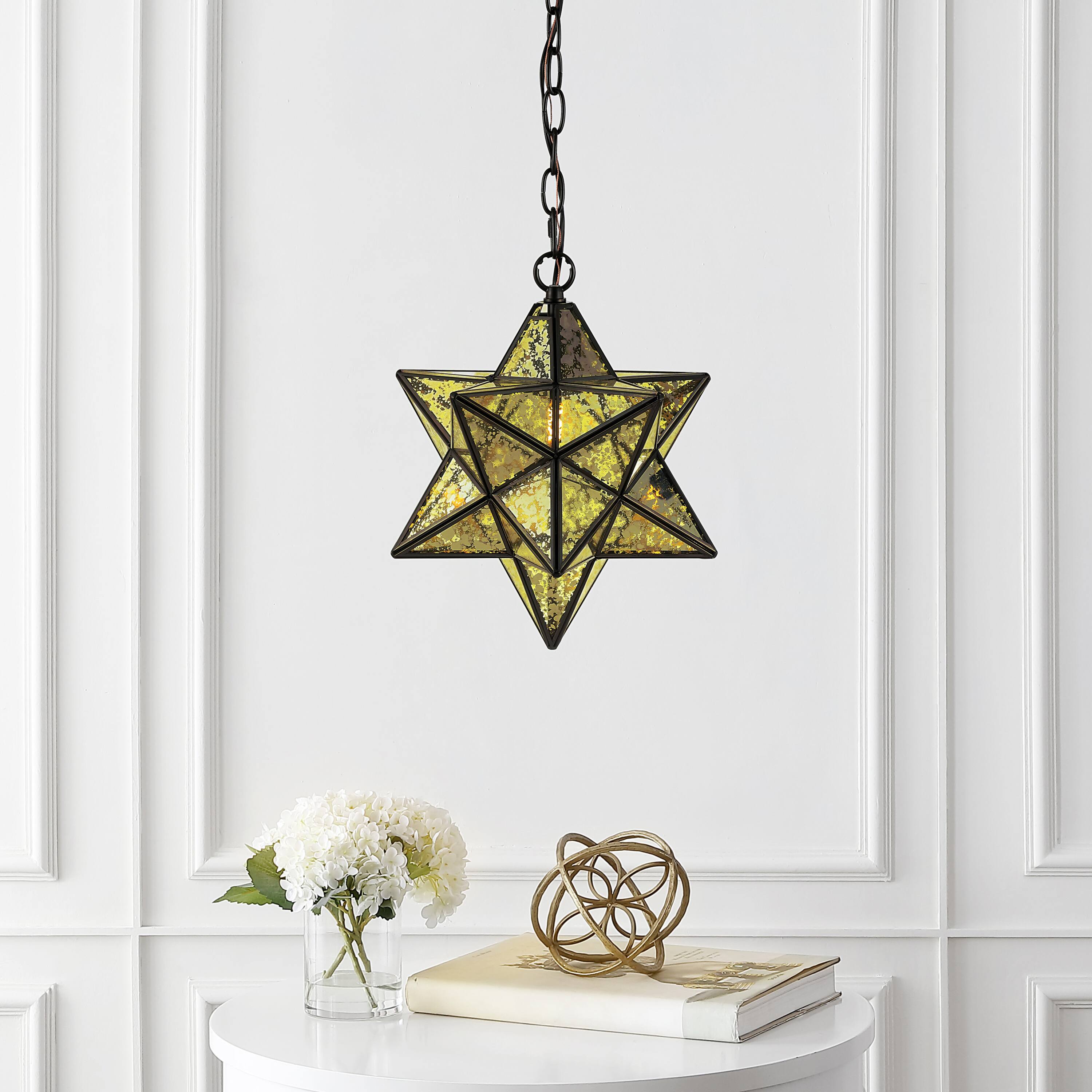 Alt View 1. Jonathan Y - Stella 12" Moravian Star Metal/Clear Glass LED Pendant, Oil Rubbed Bronze/Yellow Mercury Glass - Oil Rubbed Bronze.