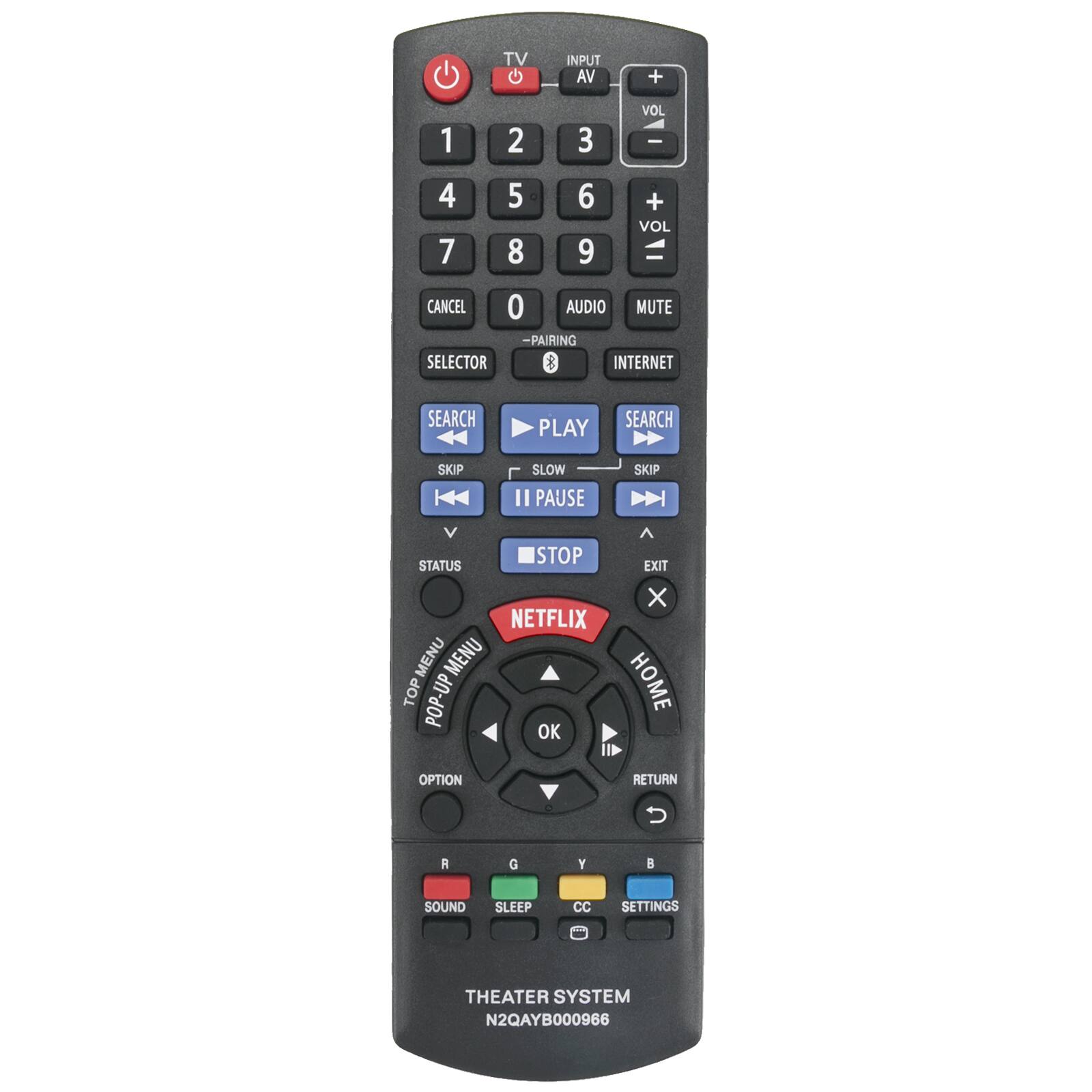 TV G INPUT VA + 1 2 3 VOL  4 7 5 8 6 9 + VOL CANCEL 0 AUDIO MUTE - PAIRING SELECTOR  INTERNET SEARCH PLAY SEARCH SKIP I SLOW II PAUSE SKIP STOP STATUS NETFLIX MENU MENU TOP POP-UP OK EXIT X HOME OPTION RETURN - a G Y 8 SOUND SLEEP cc SETTINGS THEATER SYSTEM N2QAYB000966