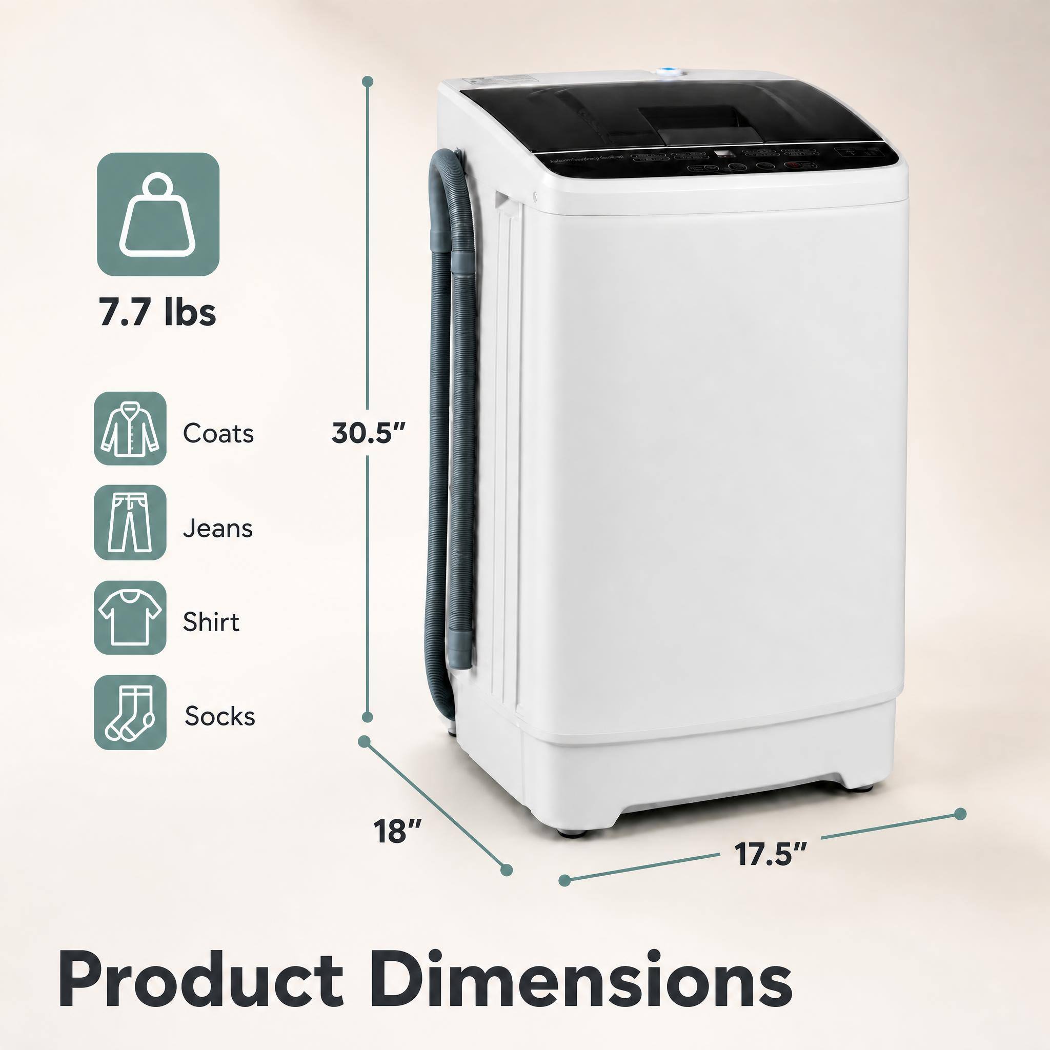7.7 lbs  
Coats  
30.5"  
Jeans  
Shirt  
Socks  
18"  
17.5"  
Product Dimensions