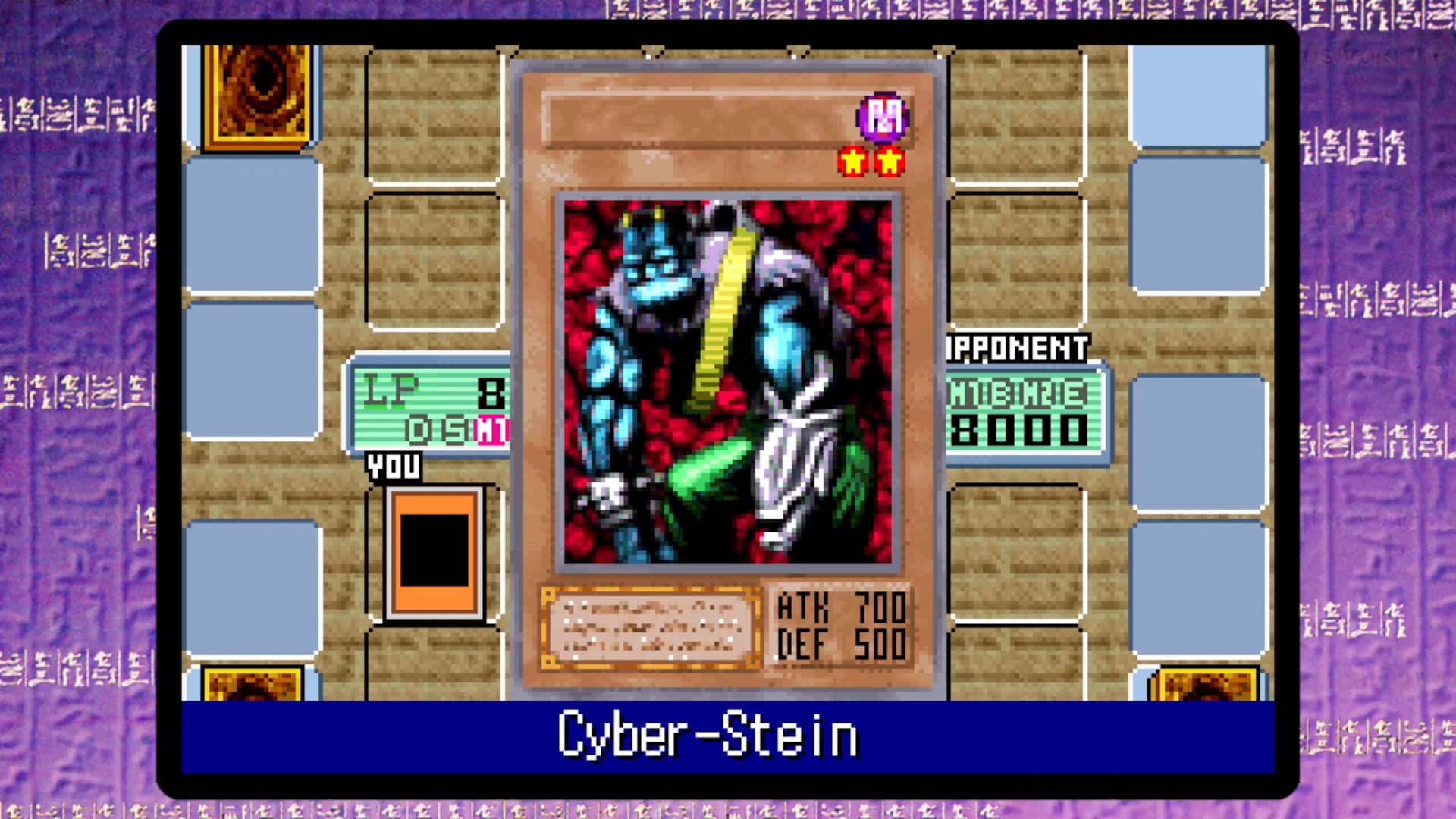Cyber-Stein is a card in a game, possibly a Pokemon game, as it is displayed on a computer screen. The card has a picture of a robot on it, and it has a high attack power of 8000.