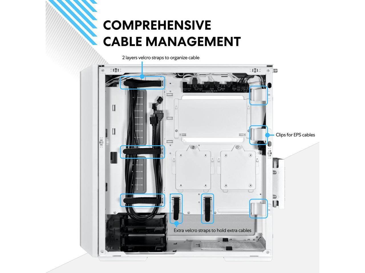 COMPREHENSIVE CABLE MANAGEMENT

- 2 layers velcro straps to organize cable
- Clips for EPS cables
- Extra velcro straps to hold extra cables