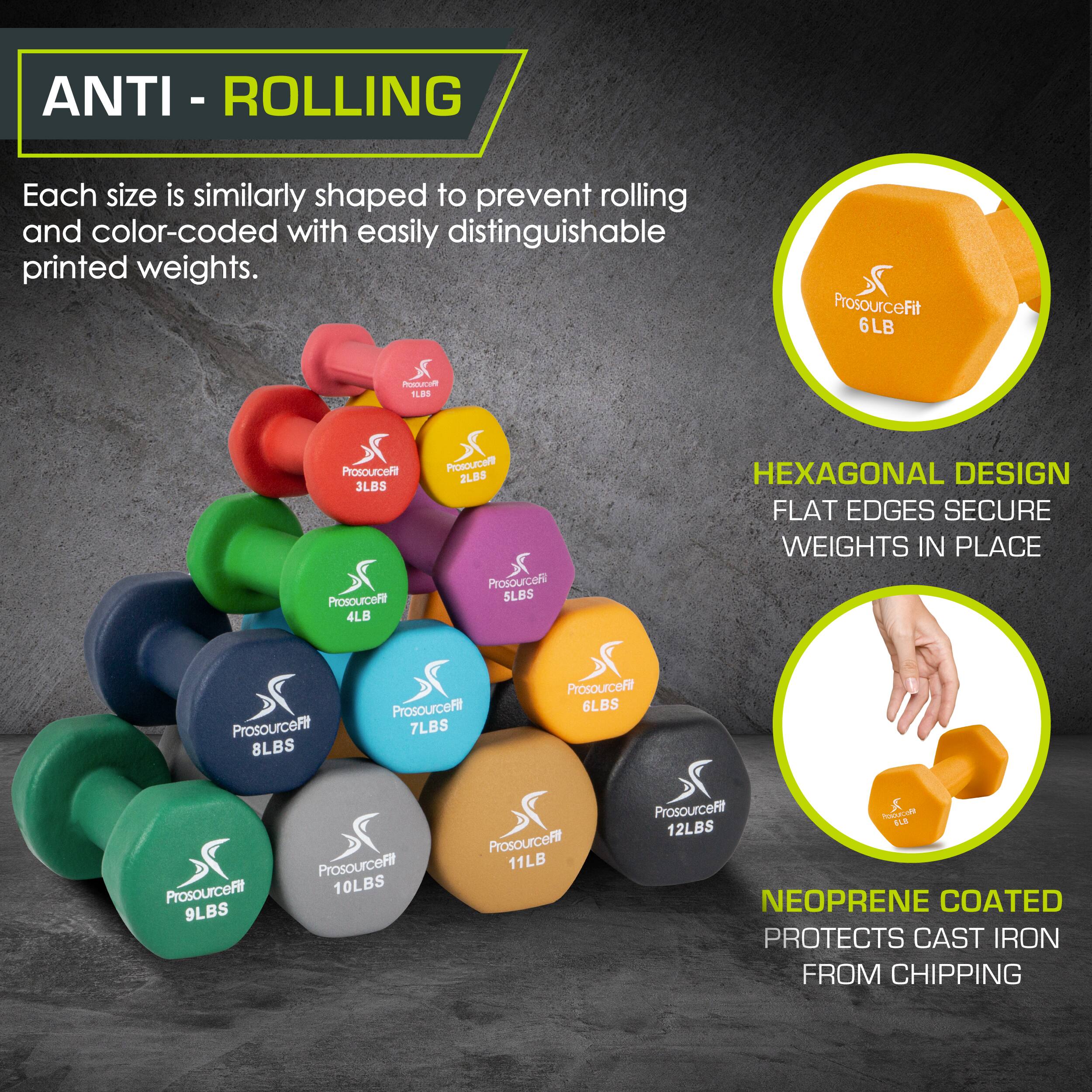 ANTI - ROLLING Each size is similarly shaped to prevent rolling and color-coded with easily distinguishable printed weights.  ProsourceFit 6LBS  ProsourceFit 2LBS  ProsourceFit 3LBS  ProsourceFit 4LBS  ProsourceFit 6LBS  ProsourceFit 7LBS  ProsourceFit 8LBS  ProsourceFit 9LBS  ProsourceFit 10LBS  ProsourceFit 11LBS  ProsourceFit 12LBS  HEXAGONAL DESIGN FLAT EDGES SECURE WEIGHTS IN PLACE  NEOPRENE COATED PROTECTS CAST IRON FROM CHIPPING