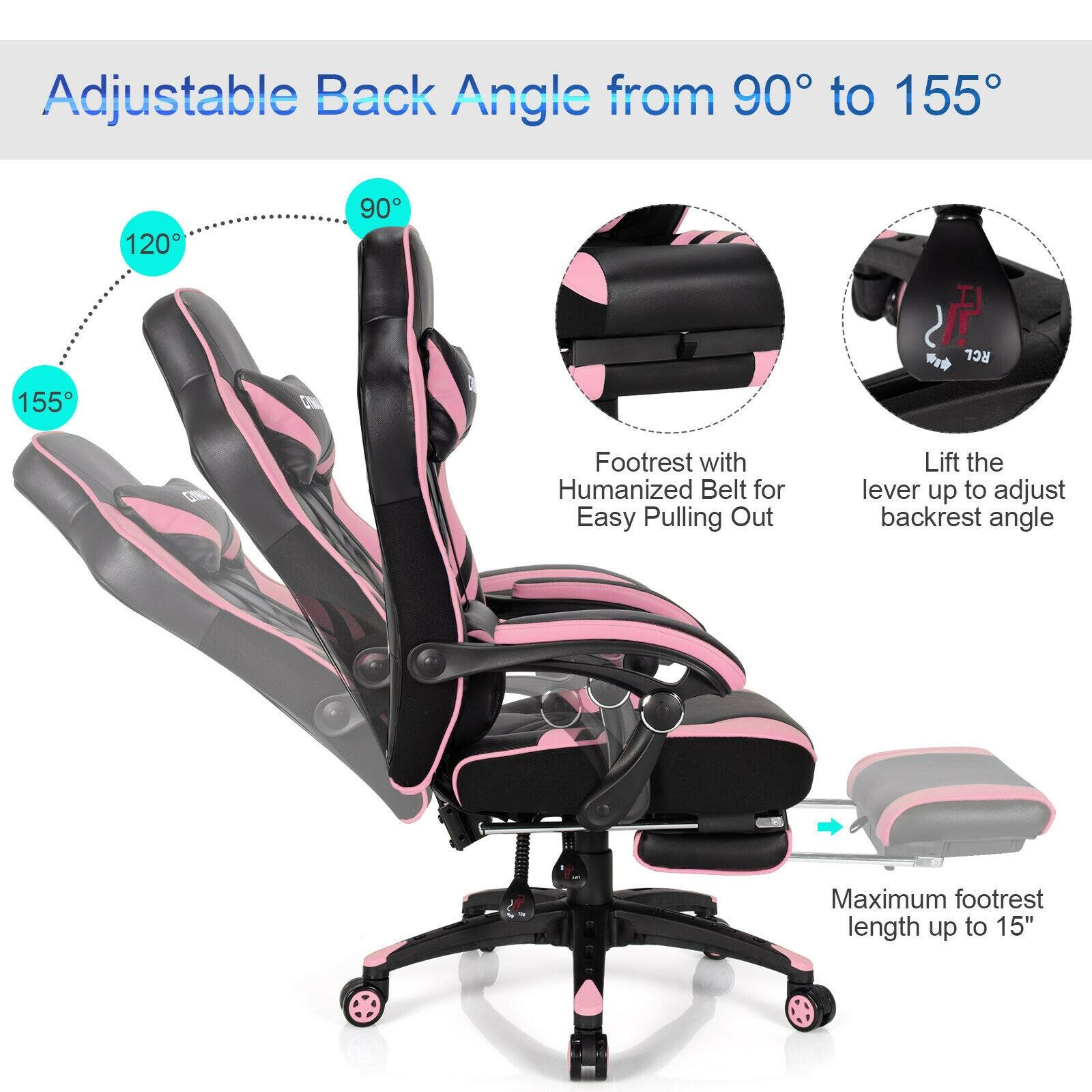 Adjustable Back Angle from 90° to 155°

120°
90°
155°

Footrest with Humanized Belt for Easy Pulling Out

Lift the lever up to adjust backrest angle

Maximum footrest length up to 15"