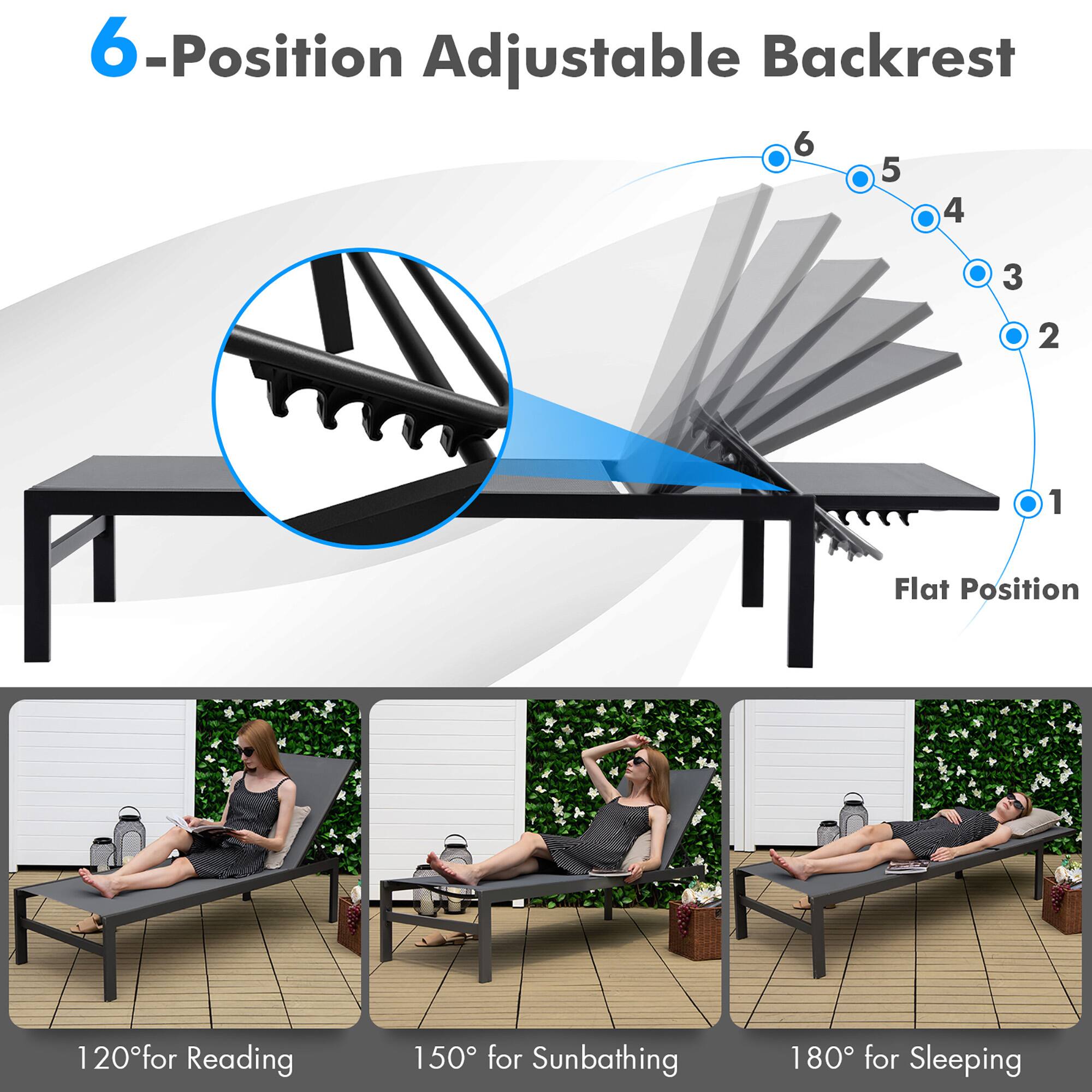 6-Position Adjustable Backrest

Flat Position

120° for Reading

150° for Sunbathing

180° for Sleeping