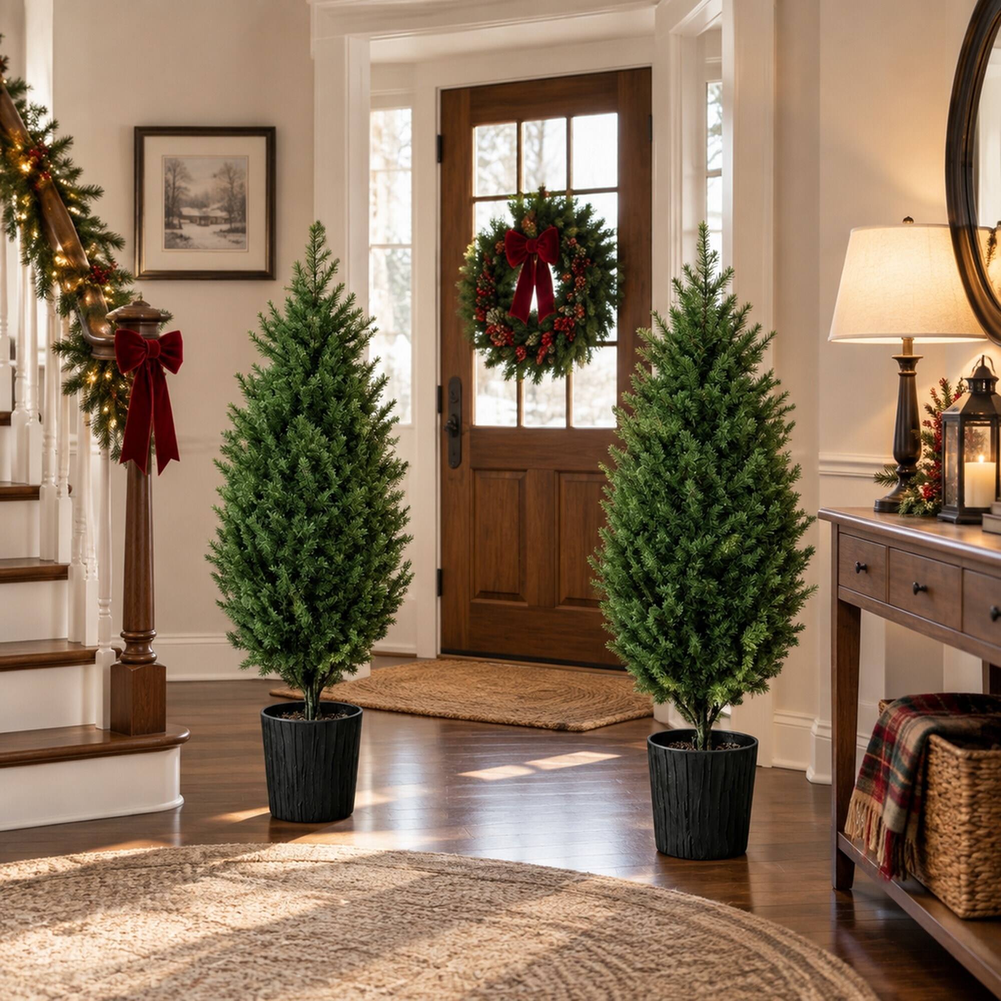 Alt View 1. RYHNUYNE - 4FT Artificial Cedar Christmas Tree Set of 2 With 291 PE Tips and Potted Base, UV Resistant - Green.