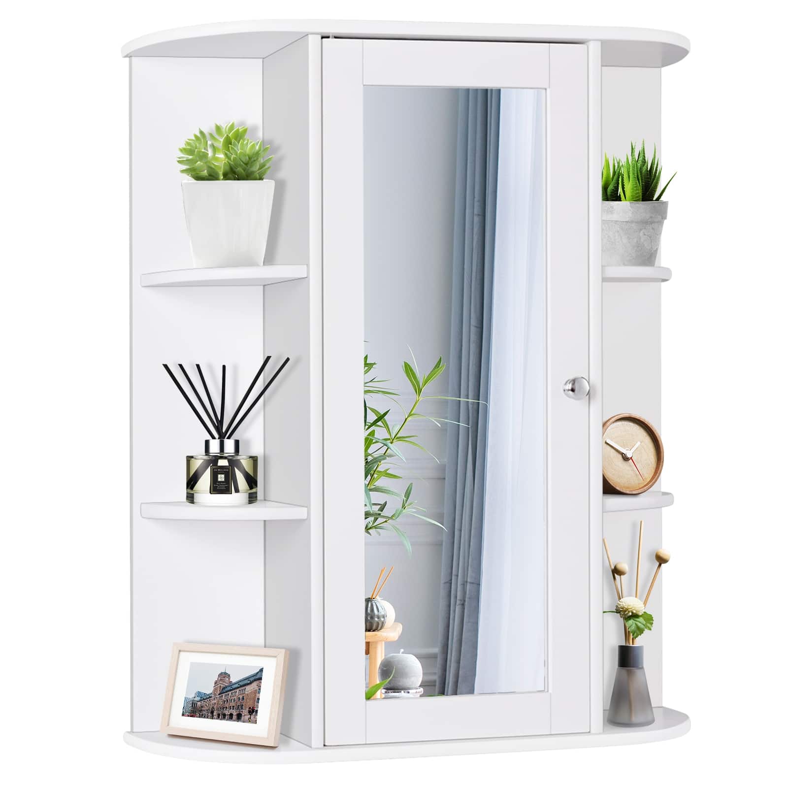 WELLFOR - Wall-Mounted Bathroom Medicine Cabinet with Mirror Door, 3 Adjustable Shelves and 6 Open Shelves - White price history on PriceWatchPro