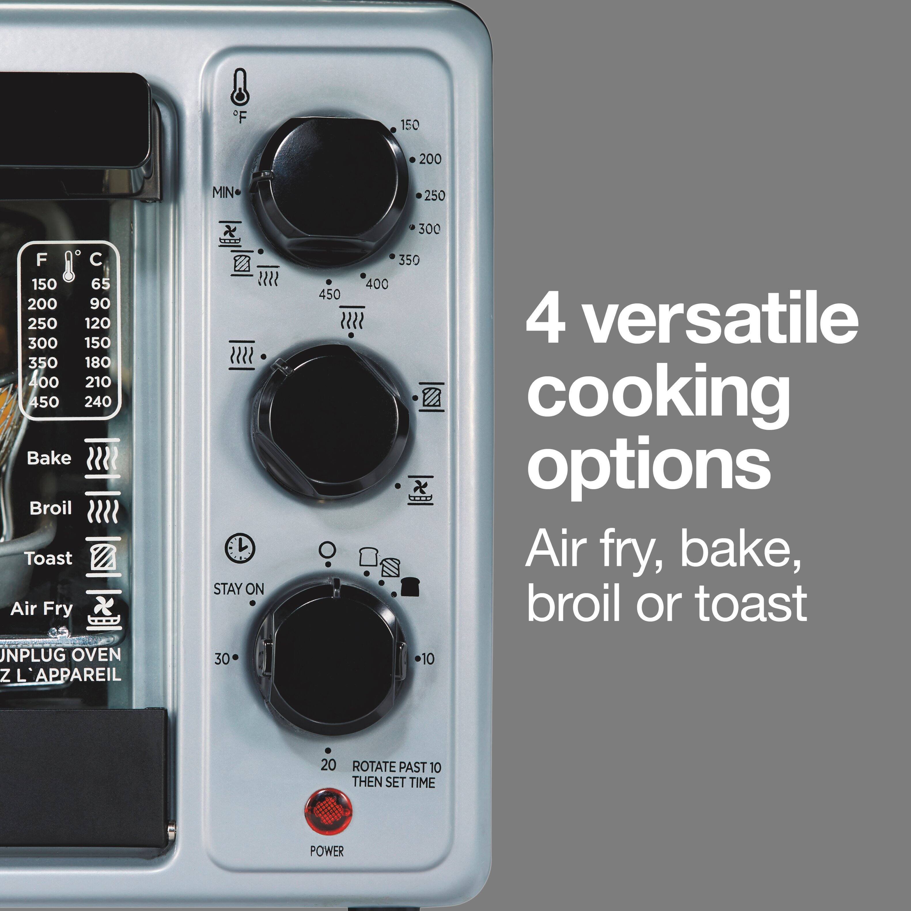 F 150 65 200 90 250 120 300 150 350 180 400 210 450 240 Bake Broil Toast Air Fry NPLUG OVEN Z L'APPAREIL
STAY ON 30
450
350 400 4 versatile VIII cooking options Air fry, bake, broil or toast 10
20 ROTATE PAST 10 THEN SET TIME
POWER