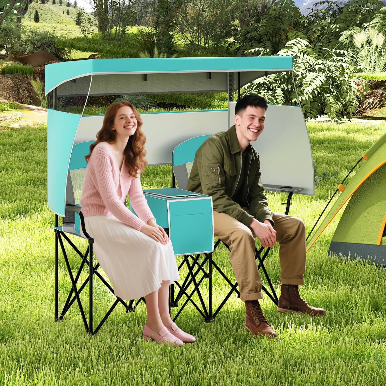 Alt View 1. Costway - Costway Double Beach Chair with Adjustable Canopy Oversized Folding Camping Chair - Turquoise.