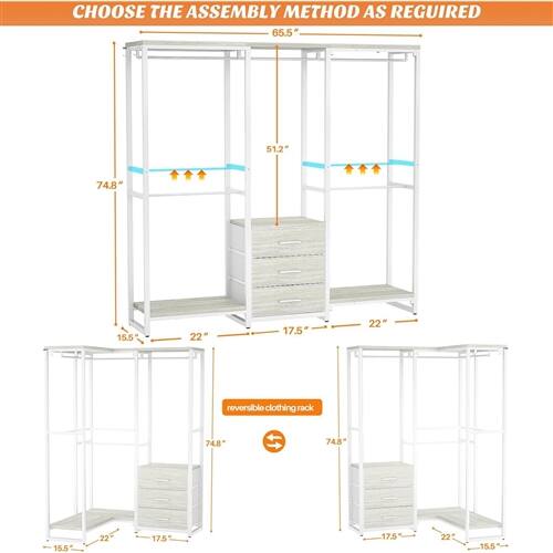 CHOOSE THE ASSEMBLY METHOD AS REQUIRED

65.5"  
51.2"  
74.8"  
15.5"  
22"  
17.5"  
22"  

reversibleclothingrack  
reversible clothing rack  

74.8"  
74.8"  
15.5"  
22"  
17.5"  
17.5"  
22"  
15.5"
